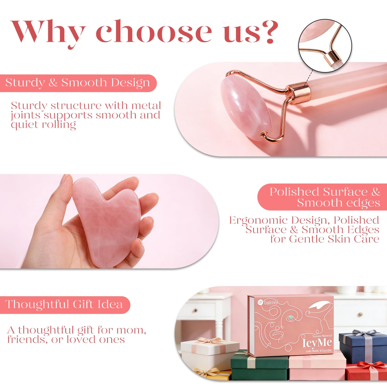 BAIMEI IcyMe Jade Roller & Gua Sha, Face Roller Redness Reducing Skin Care Tools, Self Care Pink Gift for Men Women, for Eyes, Neck, Manual Back Massagers,Relieve Fine Lines and Wrinkles-Rose Quartz - 4