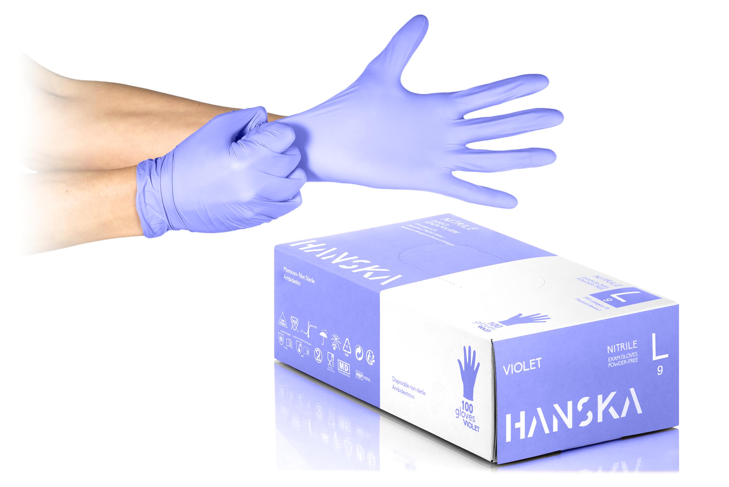 HANSKA 100 Guanti Monouso Nitrile Viola - Senza Polvere - Usa e Getta- Ambidestri - Non Sterili - Base di Gomma - Adatti per Ambiti Medici, Manipolazione degli Alimenti (100, L)