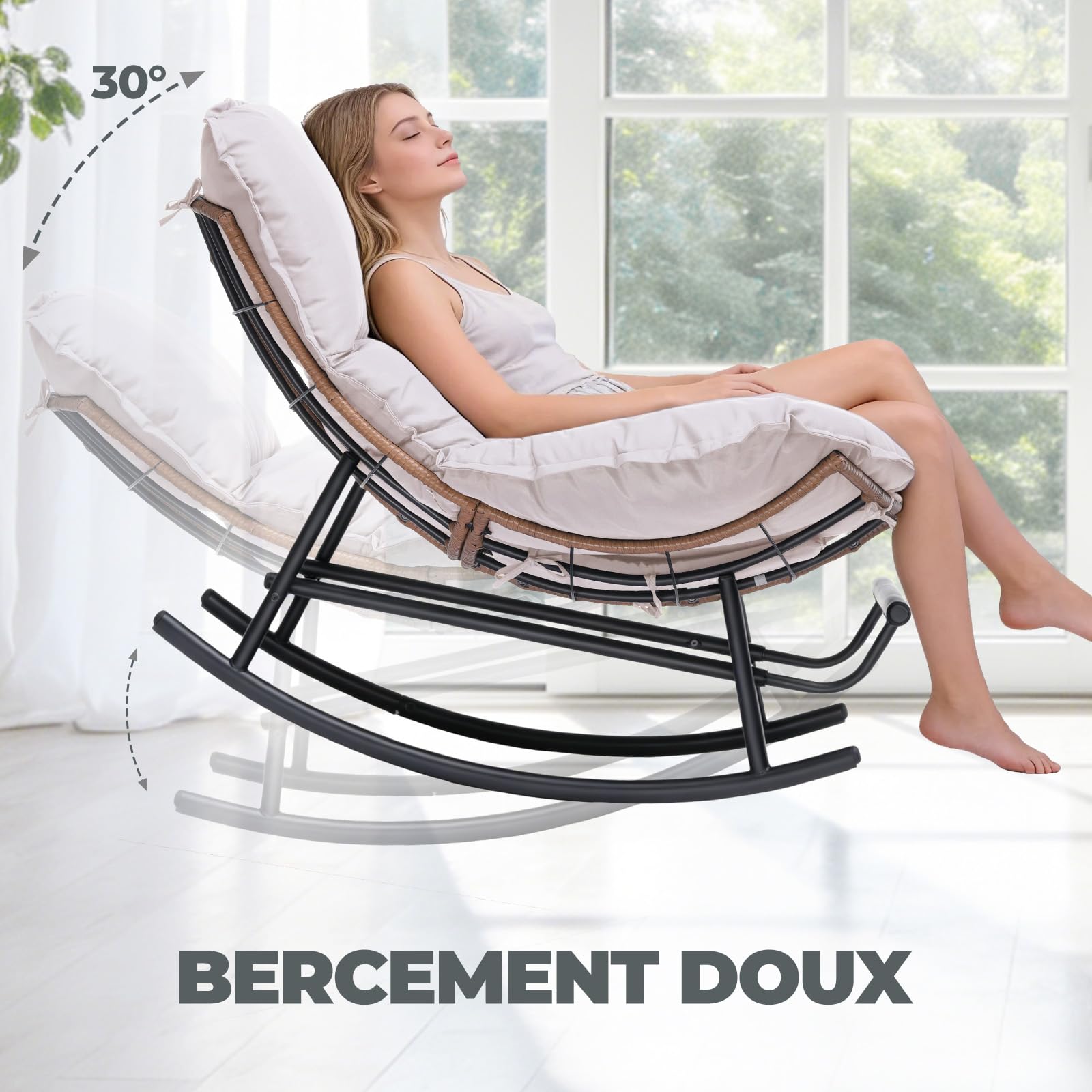 COMHOMA Fauteuil à Bascule, Fauteuil de Relaxation, Structure en Acier, Repose-Pieds Extensible, Coussin Amovible, Charge maximale : 136 kg, pour Chambre à Coucher, Salon, terrasse, Jardin, Beige
