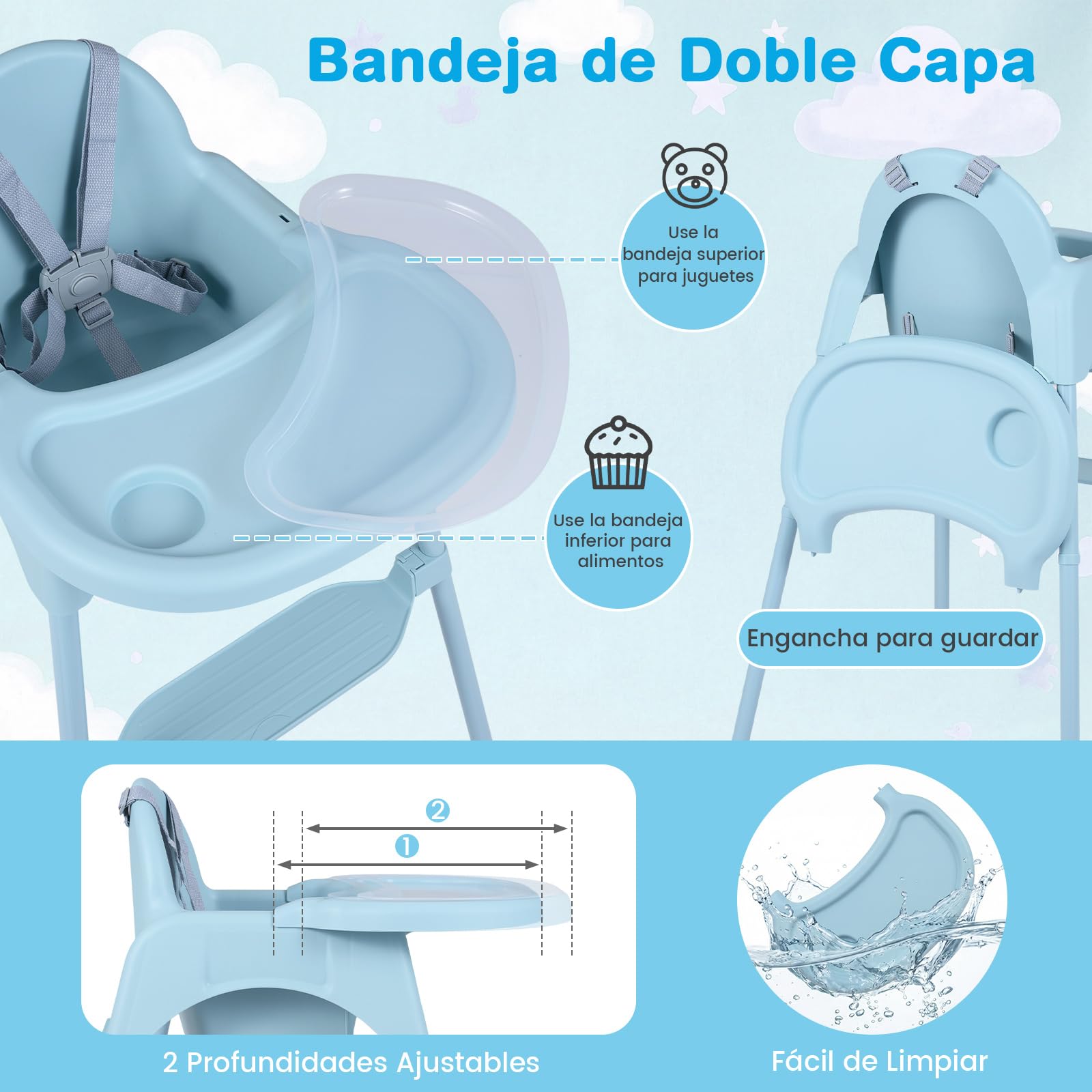 COSTWAY 4 en 1 Tronas de Bebe, Trona Infantil Convertible con 2 Alturas, Bandeja Doble Extraíble, Arnés de Seguridad de 5 Puntos, Reposapiés, Silla de Comer para Bebes de 6-36 Meses (Azul)