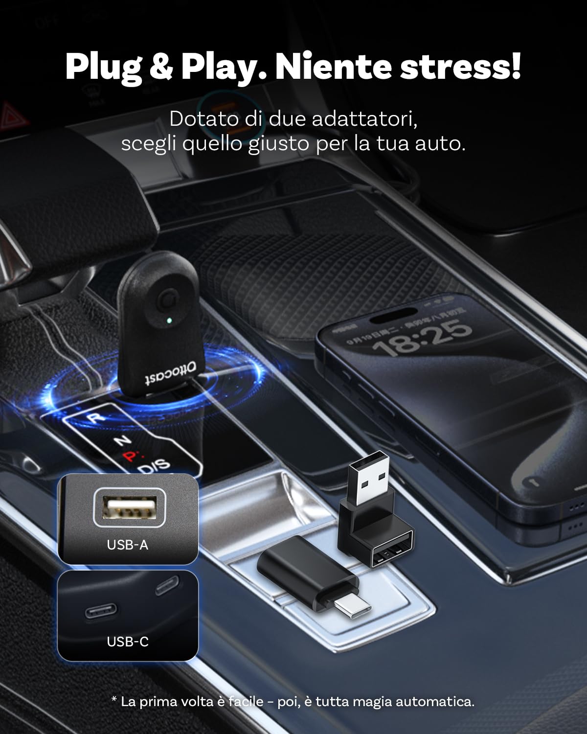 Aggiornato 2025-2-in-1 Adattatore Wireless CarPlay e Android Auto, OTTOCAST MINI compatibile con iOS 10+ e Android 11+, Converte CarPlay cablato in Wireless, Compatibile con USB-A e USB-C(Nero)