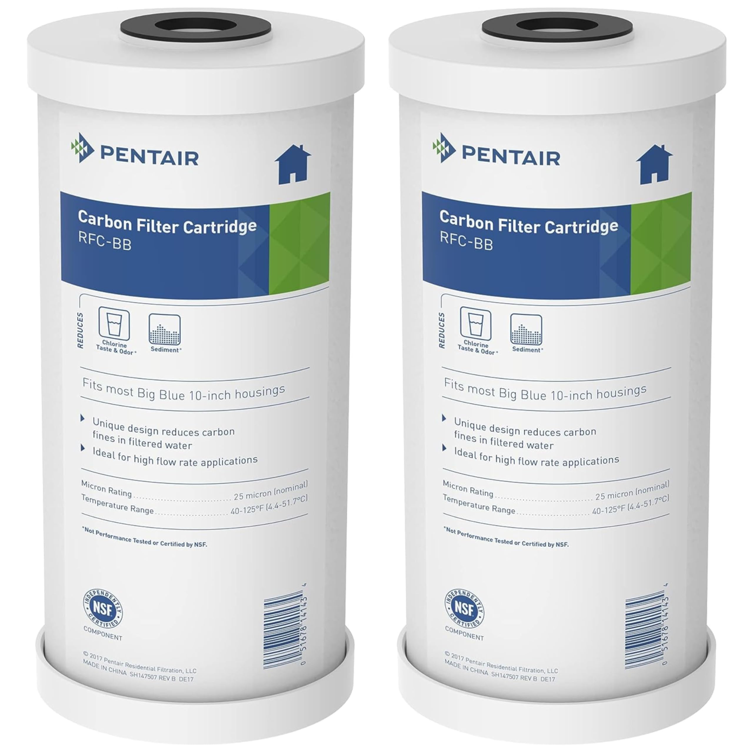 Pentair Pentek RFC-BB Big Blue Carbon Water Filter, 10-Inch, Whole House Heavy Duty Radial Flow Carbon Replacement Cartridge with Granular Activated (GAC), 10" x 4.5", 25 Micron, Pack of 8