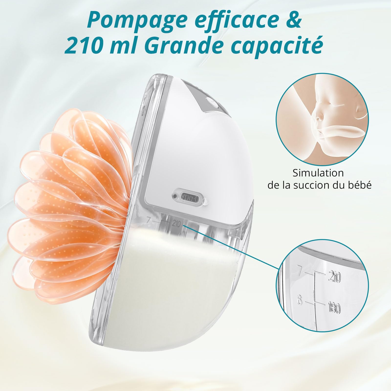 Tire-Lait Électrique Mains Libres, Portable et Silencieux, 4 Modes & 12 Niveaux d’Aspiration, Capacité 210 ml, Brides 19/21/24 mm, pour la Maison, le Travail et les Voyages (Blanc (2 Pièce))