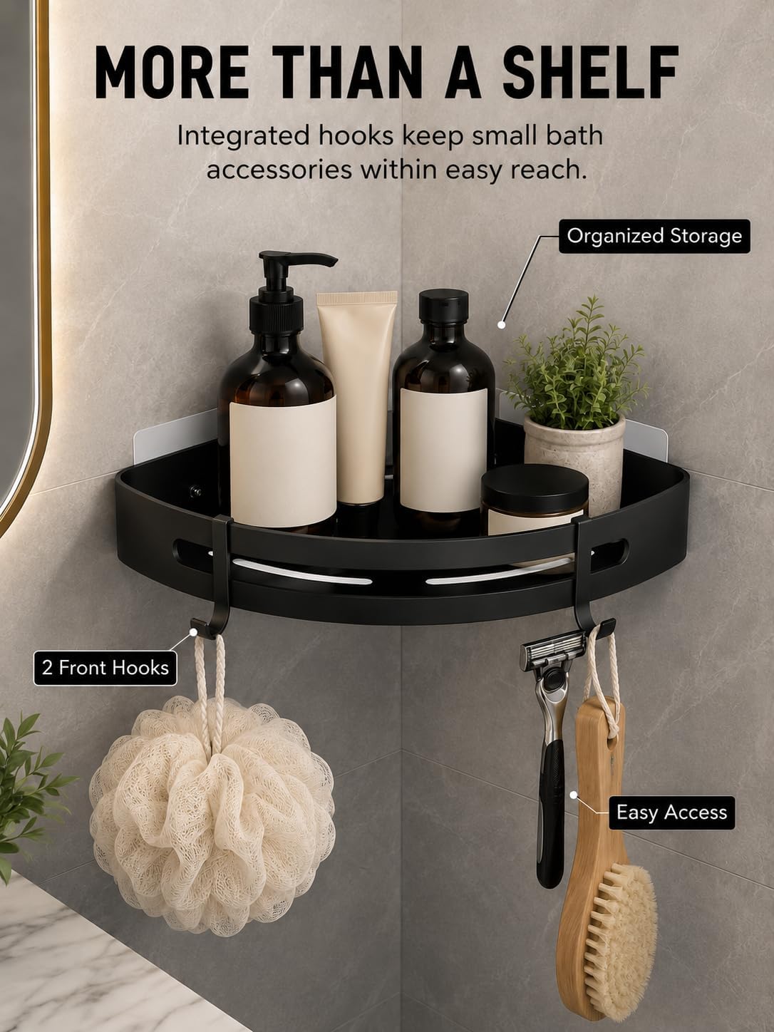 2-Pack Matte Black Corner Shower Caddy, Rustproof | Stainless steel bathroom organizer with 4 hooks. No drilling adhesive wall mounted shelves storage for inside shower.