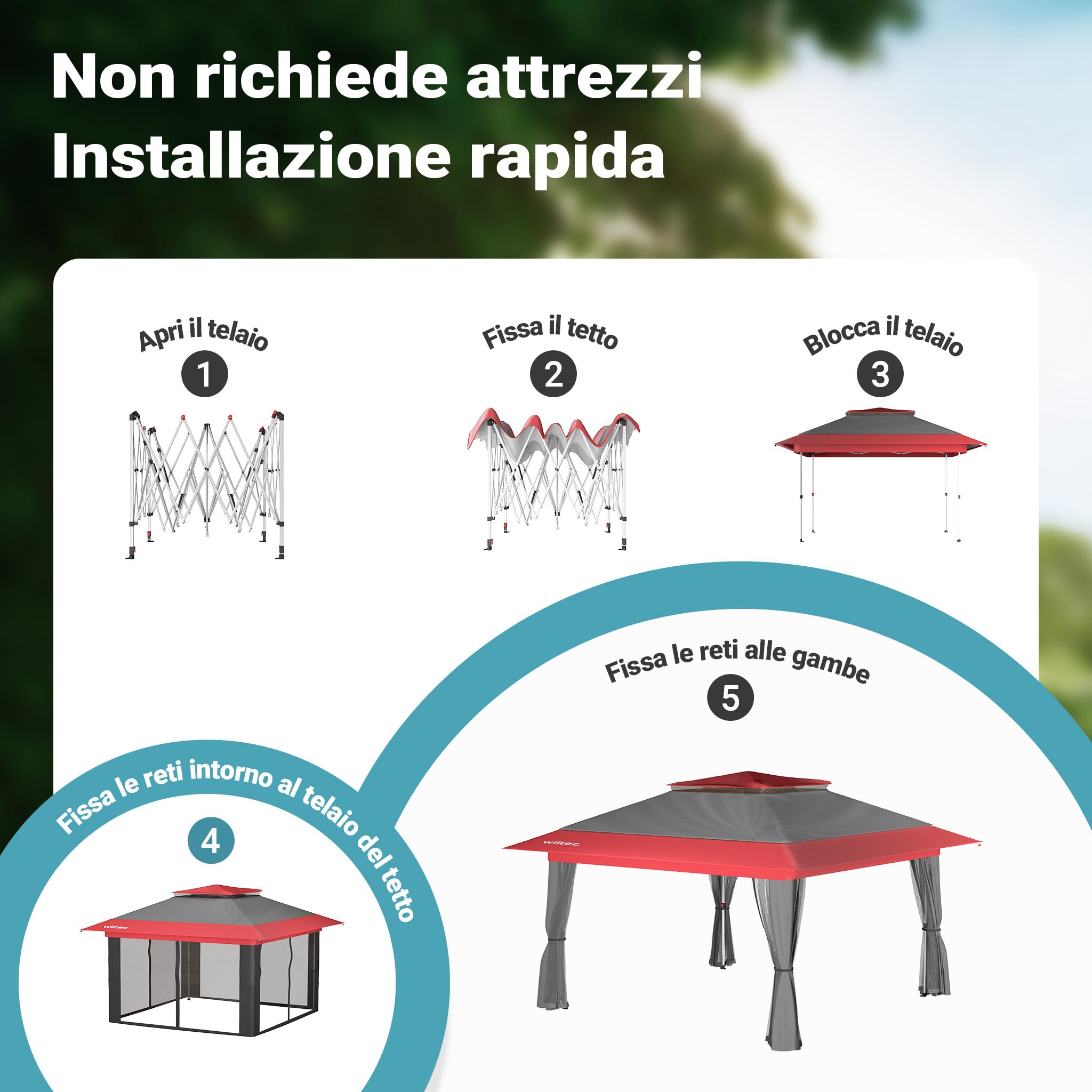 Wiltec Gazebo pieghevole con zanzariera, grigio rosso 3,92 x 3,92 m, impermeabile, UV 50+, Tendone per feste