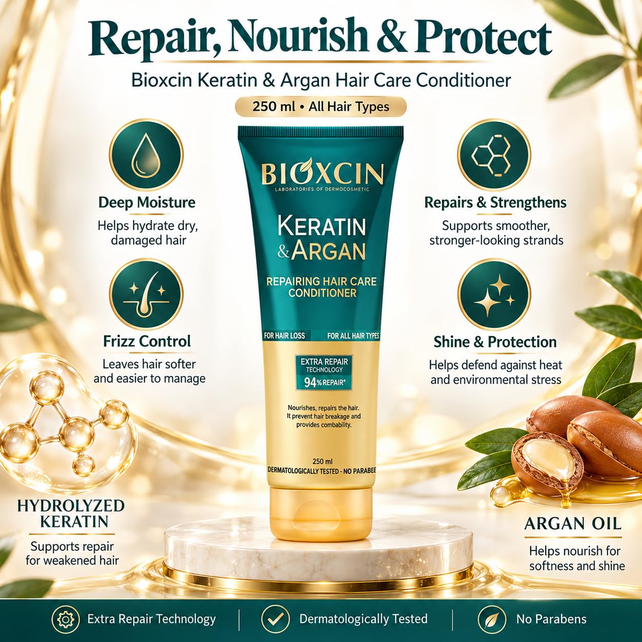 Bioxcin Keratin & Argan Repairing Hair Care Conditioner 10er Pack, je 250 ml, insgesamt 2.500 ml, Repair Conditioner für trockenes, geschädigtes & strapaziertes Haar