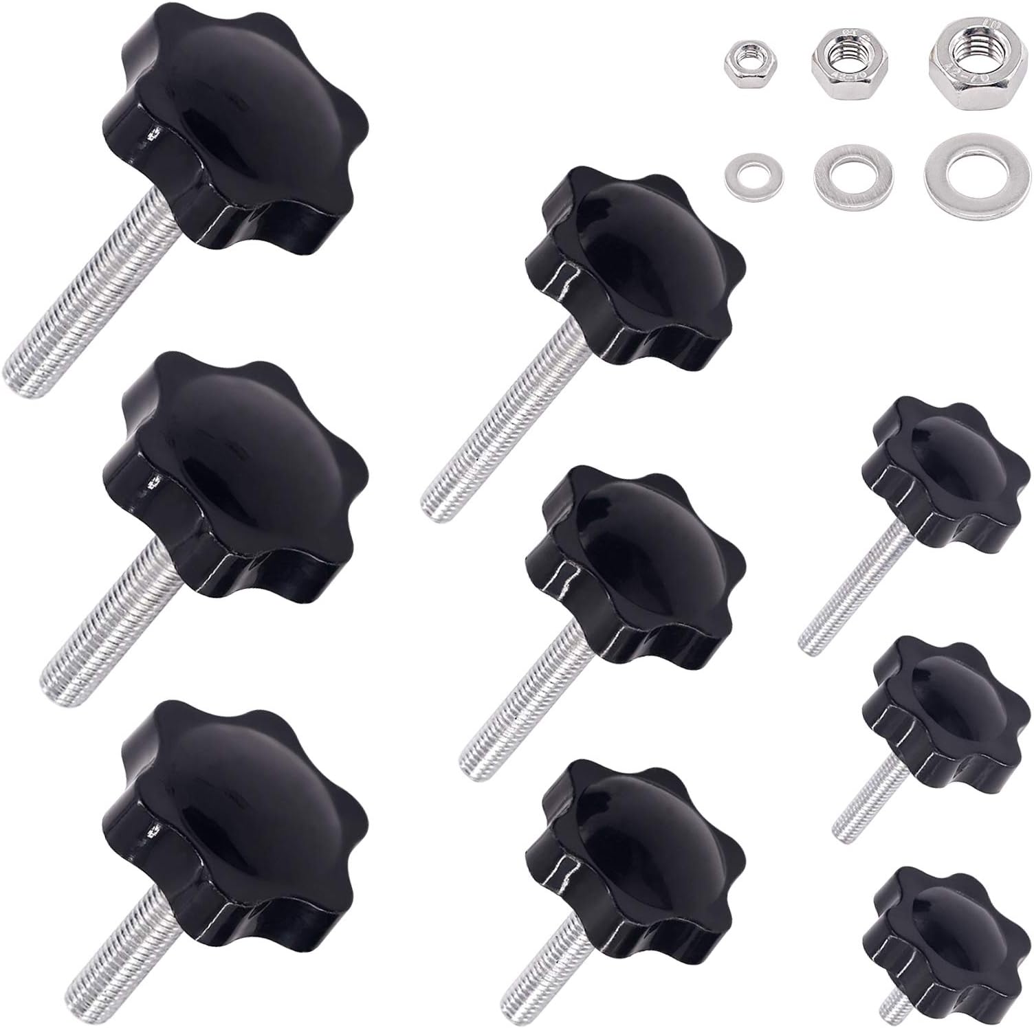 Swpeet 135Pcs M4 M6 M8 Hex Shaped Male Thread Metal Clamping Hand Star Knobs with 304 Stainless Steel Hex Nuts and Flat Washer Assortment Kit, Clamping Screw Plastic Screw-On Handle Clamping Knob