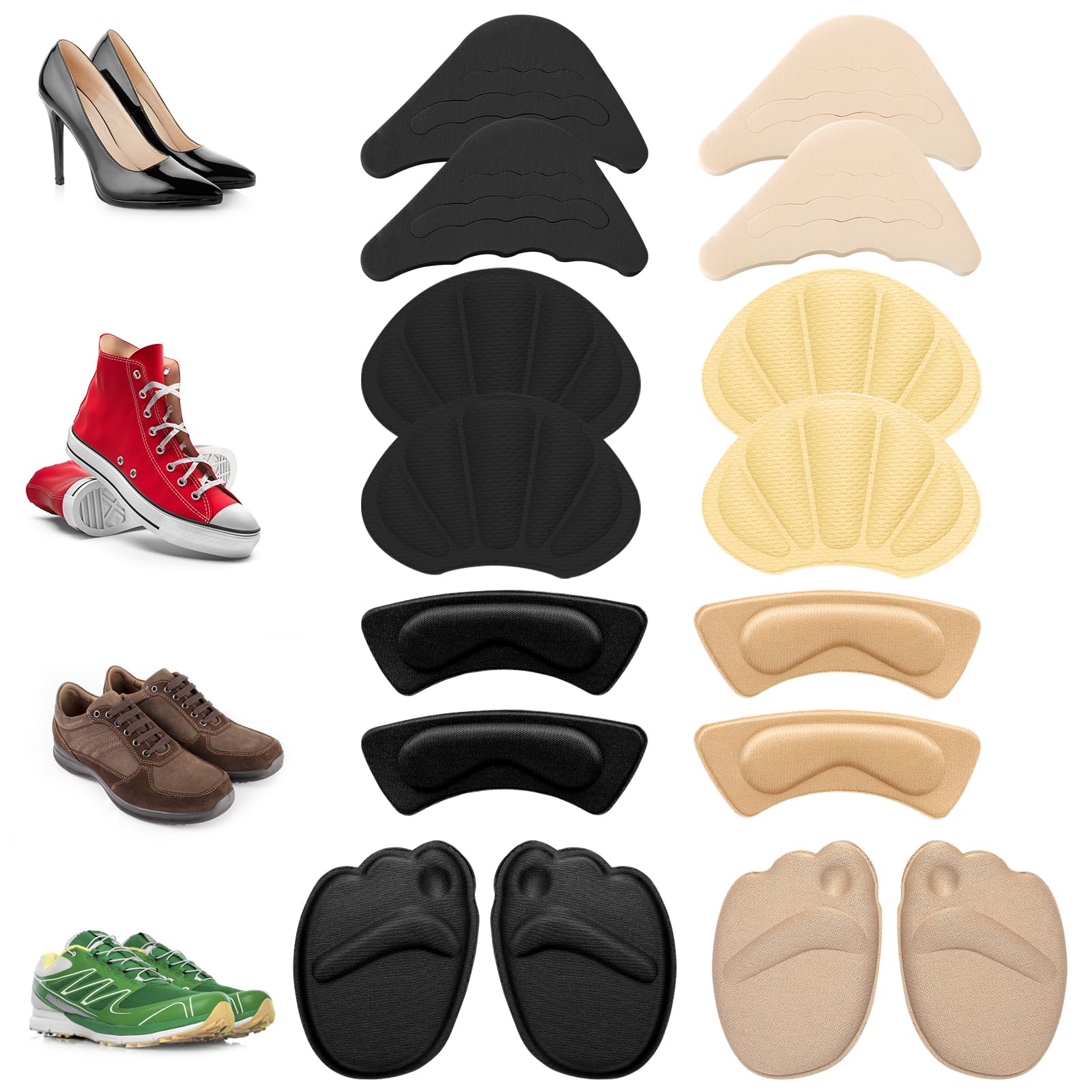 Sibba 8 pares de taloneras antideslizamiento, juego de almohadillas para talones para zapatos demasiado grandes, protector de talón para zapatos de mujer, relleno de zapatos, protector de dedos, tapón