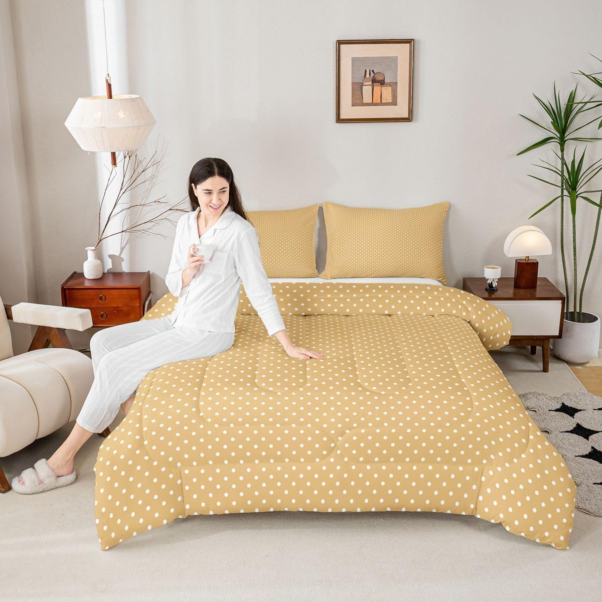 Erosebridal Dotted Yellow Comforter Set Queen Size White Polka Dot Down Comforter Bedroom Decor Geometric Bedding Set for Kids Boys Girls Teens Modern Pattern Printed Quilt Set