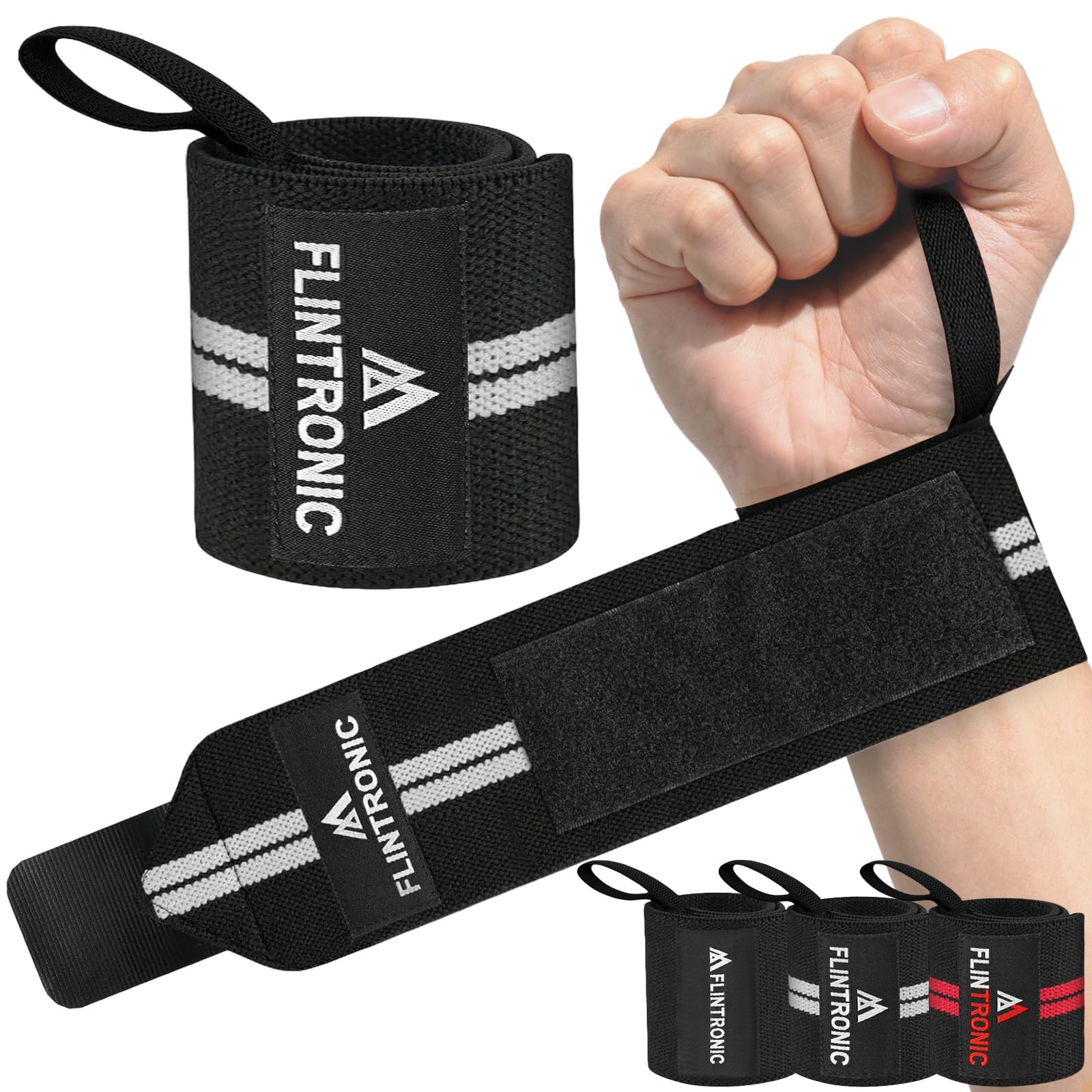 flintronic Fasce Polsi Sollevamento Pesi Cinghie, Polsiere per Fitness, con Anello per Pollice, Elasticità Cinturino di Supporto per Il Polso, per Powerlifting, Bodybuilding & Allenamenti di Forza