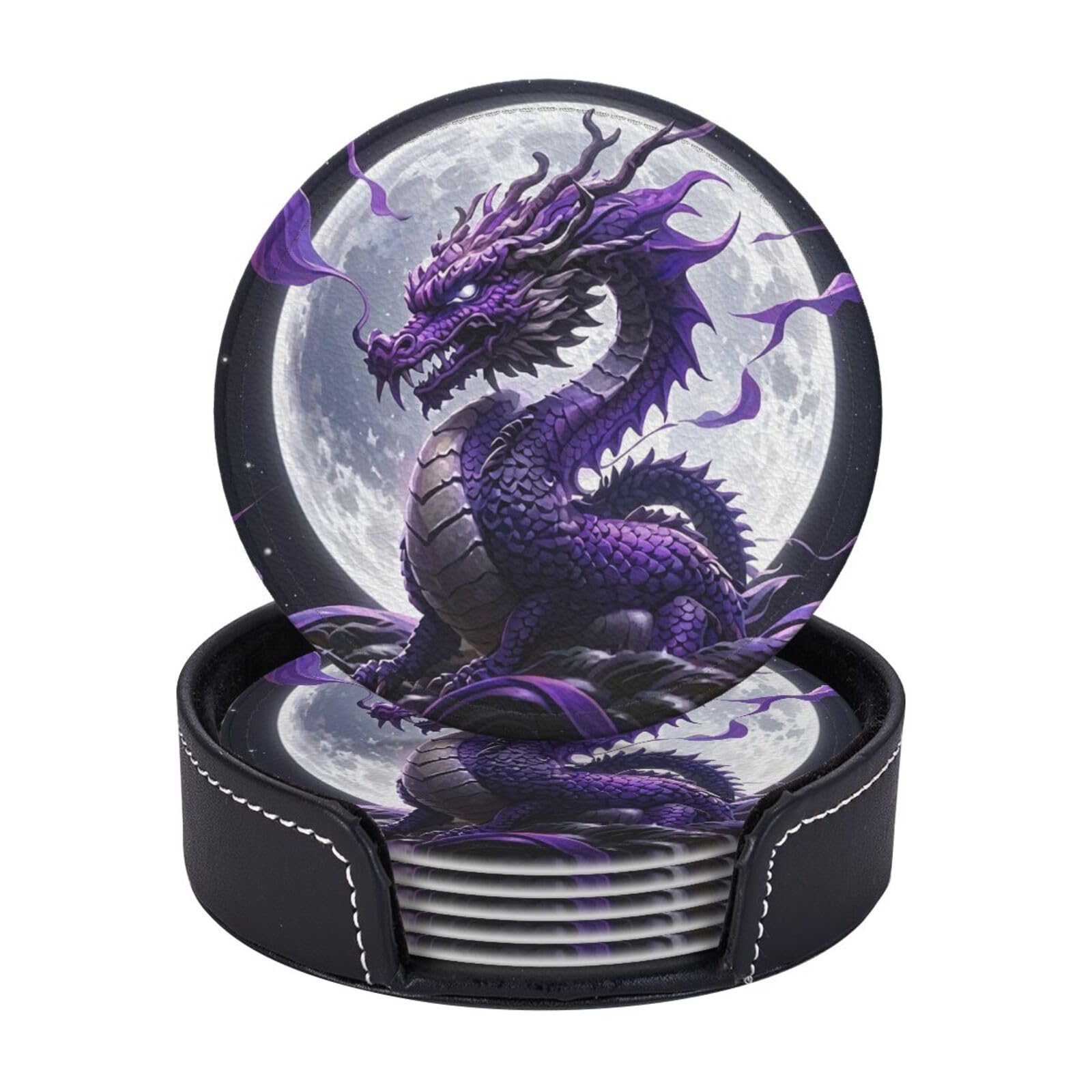 Coasters Set of 6 Leather Drink Coasters with Holder Purple Dragon Purple Moon Coasters for Drinks Heat Resistant Coaster Round Coffee Cup Mat Pad for Kitchen Office Home Decor