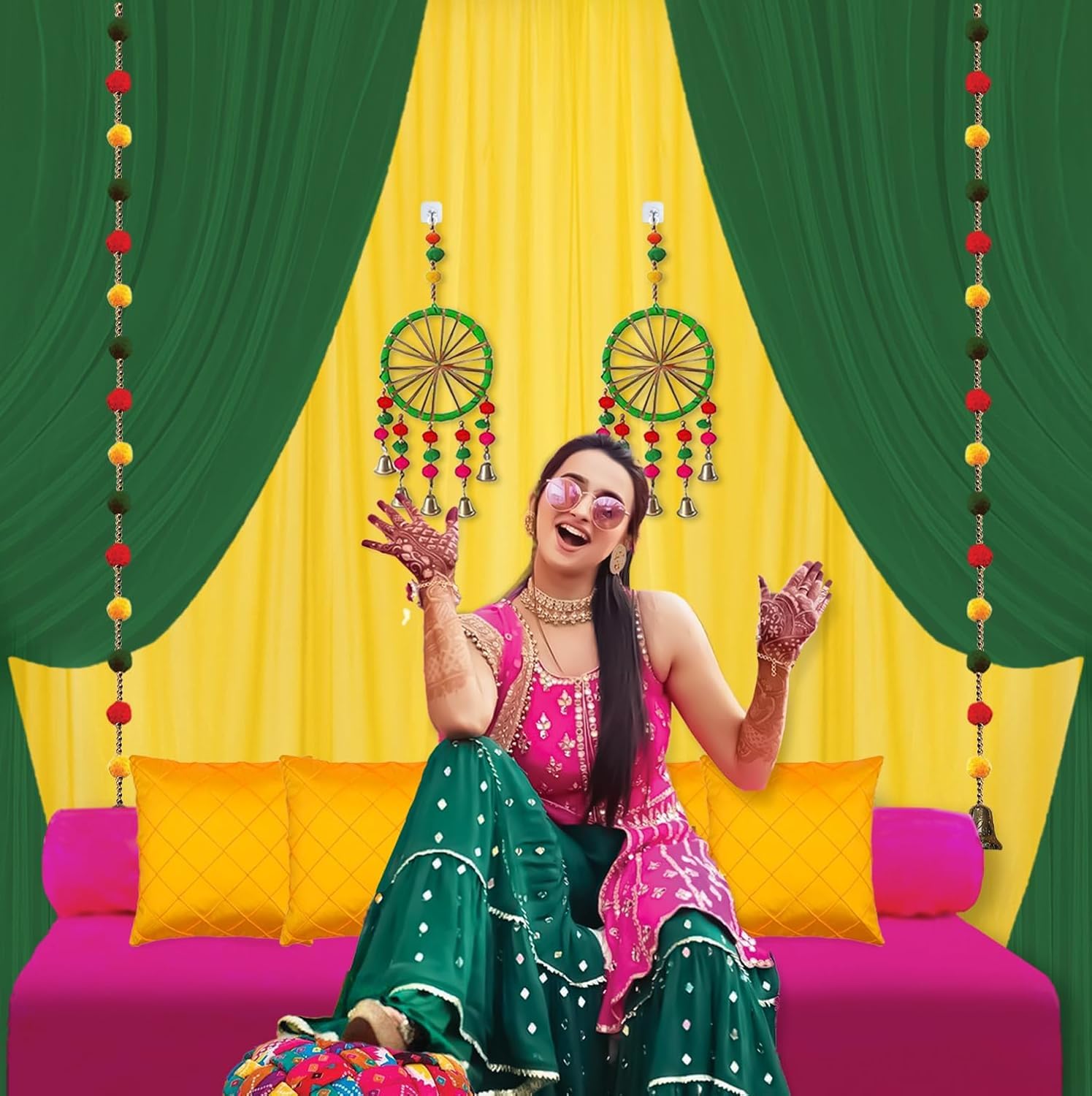 Floroom Yellow Net for Decoration with Chakra Hangings - Haldi Decor Items for Home, Pooja Decoration, Haldi Decoration Set, Wedding, Festive Decor (Haldi_51_1)