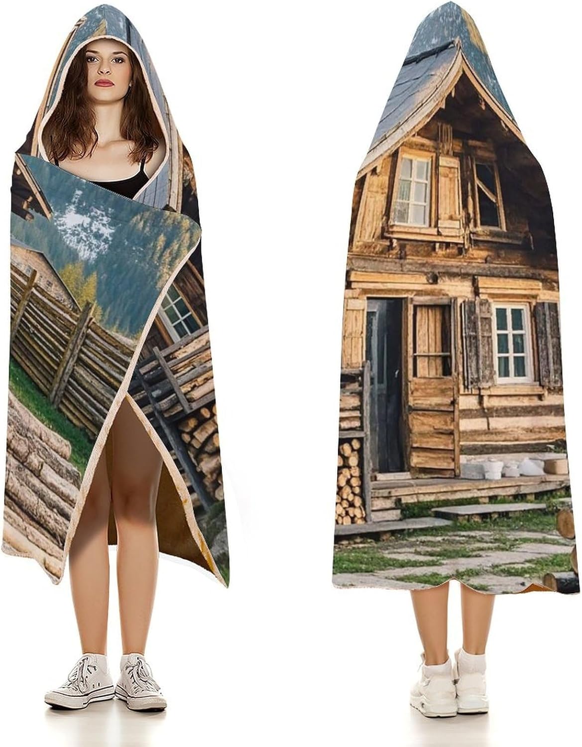 Round Logs Wearable Hooded Blanket, Ultra Soft Arctic Velvet Cape Cloak Unisex - Cozy Wearable Blanket