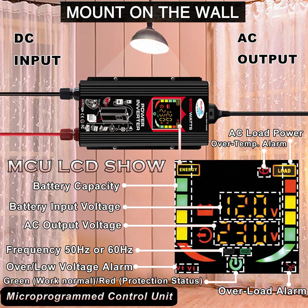 Inversor de transformador (12 V, 220 V, 6000 W, 2 puertos USB 2.1 A, para coche camión