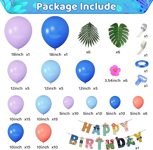 Miniatura 3 de Stich 131 Piezas Decoraciones de Fiesta de Cumpleaños con Globos - Kit de Arco Azul Morado con Pancarta de Feliz Cumpleaños, Hojas de Palma, Flores