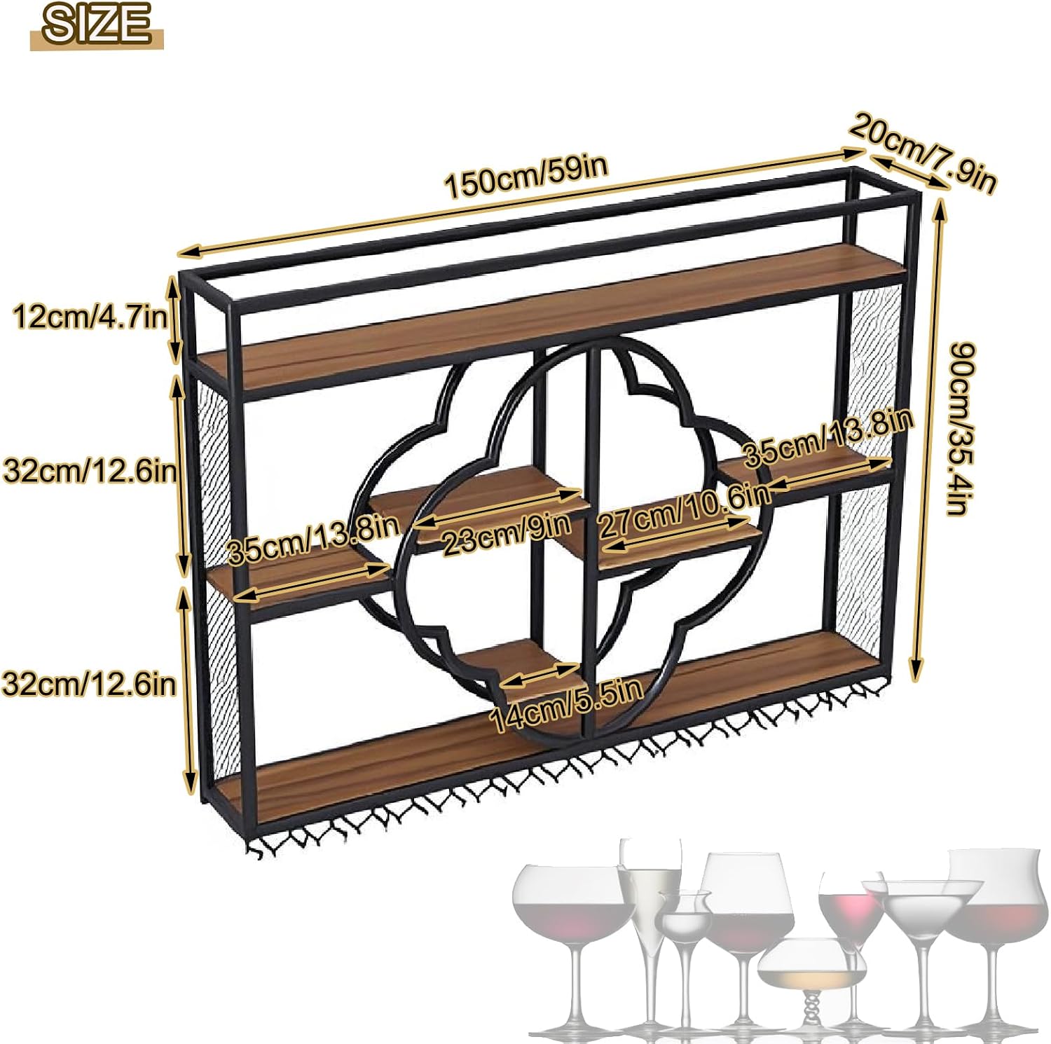 YTLEMON 59IN Wall Mounted Wine Rack with Wine Glass Holde, Wall Wine Rack with Industrial Rustic Wood and Iron Frame Large Wine Display Rack Shelf for Home Restaurant Bar Decoration(Gold, 59in/150cm)