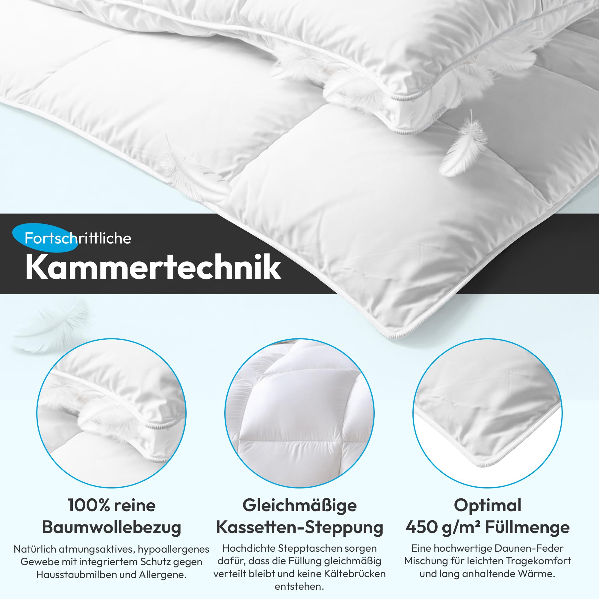 Daunendecke 135x200 | 100% Daunen% Federn - Ganzjahresdecke 135x200 | Feuchtigkeitsregulierend, ohne störende Federkiele und ideal für Allergiker | Daunenbettdecke | Made in Germany