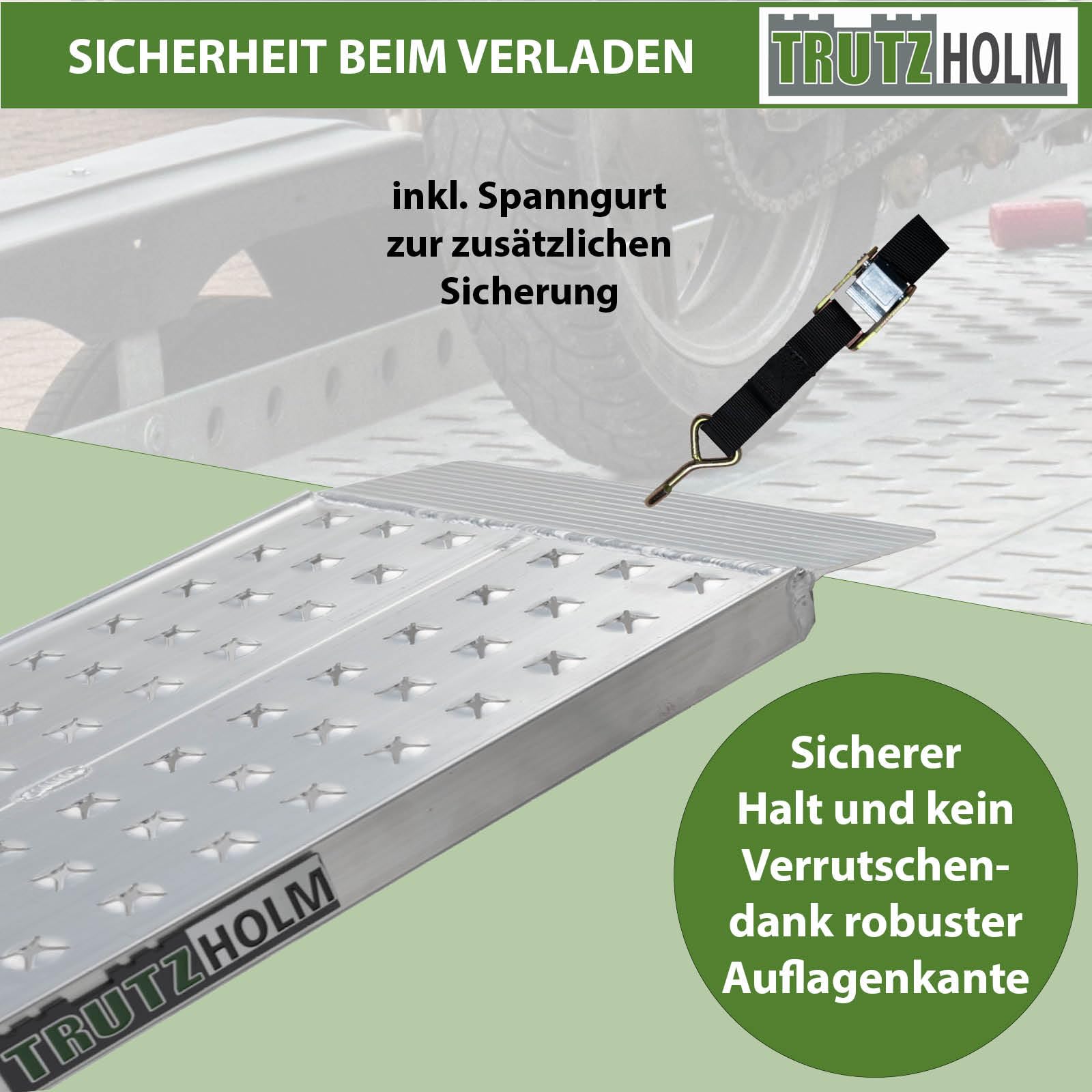 TRUTZHOLM 1x Auffahrrampe Aluminium Traglast 270 kg Länge 200 cm | gelochte rutschfeste Lauffläche Verladerampe Motorradrampe starr Laufflächenbreite 28 cm inkl. Spanngurt