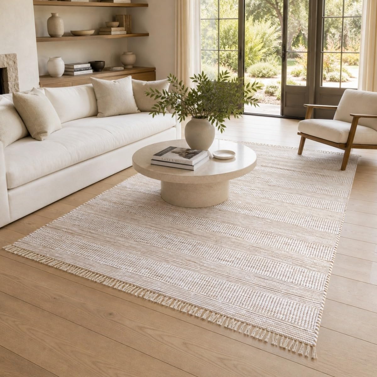 Tapis à franges en coton et jute blanc motif rayé naturel 160x230