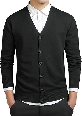 Mens Casual Comfortable Fit Open Sweaters Lightweight Button Knitted Cardigans V-Shaped Collar Knitwear Cardigan Black,X-Large