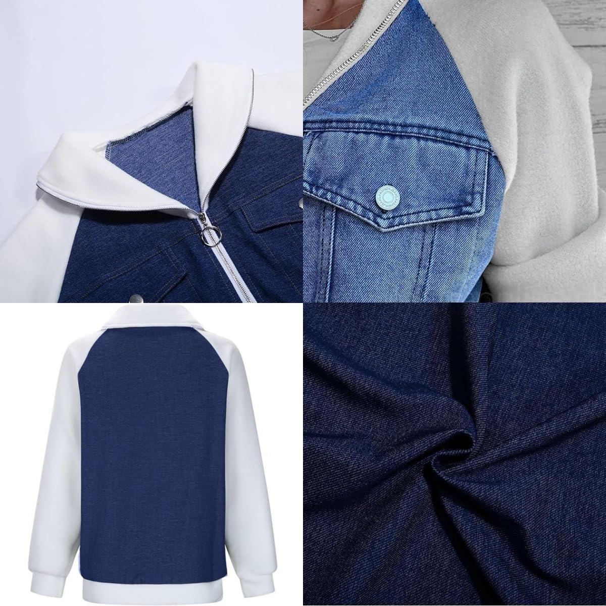 Women Modern Denim Patchwork Jacket,Casual Loose Long Sleeve Zipper Coats,Autumn Winter Splicing Sweatshirt Top with Pocket
