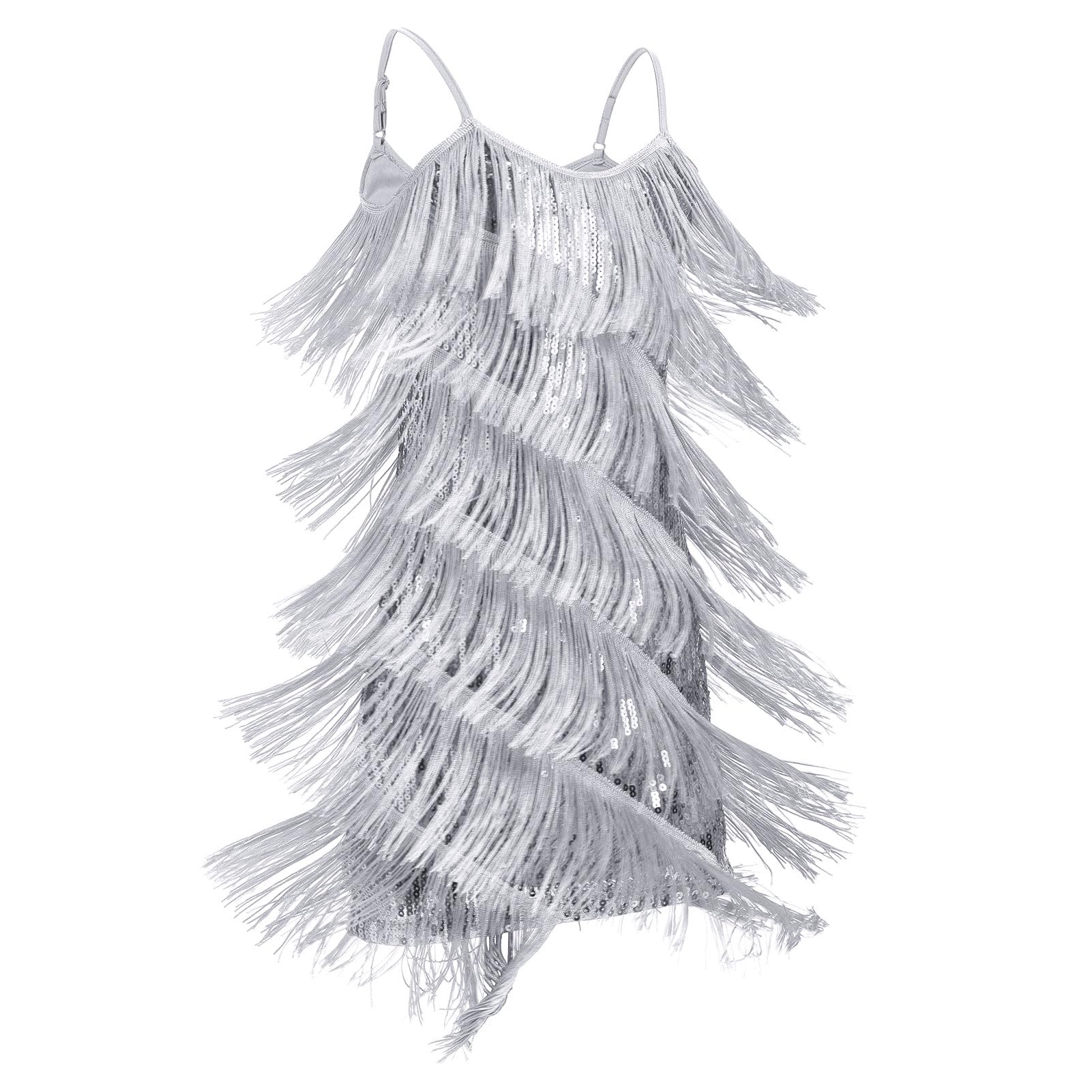 Abito da bambina con nappe latine scintillanti, senza maniche, vintage, con frange, a strati, per feste da ballo, Cha Cha, jazz, tango, balletto, danza anni '20, vestito da performance