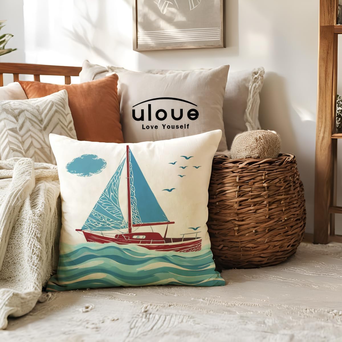 ULOVE LOVE YOURSELF Beach Pillow Covers 4 Pack Coastal Nautical Throw Pillowcases Lighthouse Sailboat Deck Chair Sea Theme Summer Holiday Decorative Cushion Cover 18 x 18 inch - Image 3