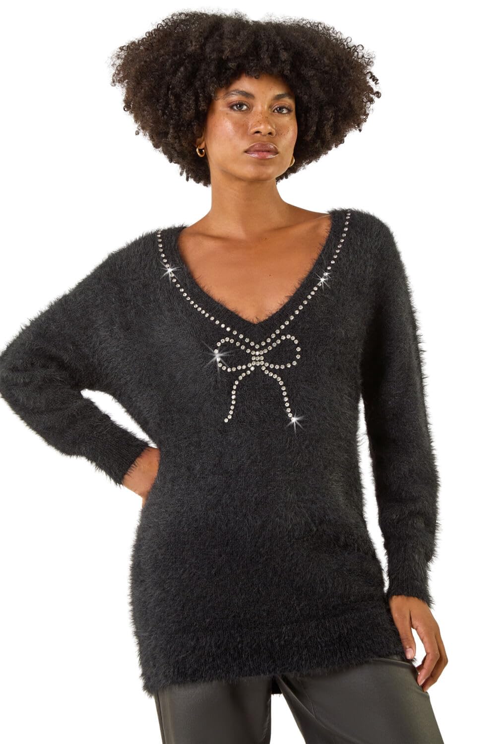 Roman Originals Women's Black Fluffy Sparkly Bow Knit Jumper For Uk - Everyday Autumn Winter V-Neckline Comfy Soft Evening Vacation Work Party Night Out - Size 16