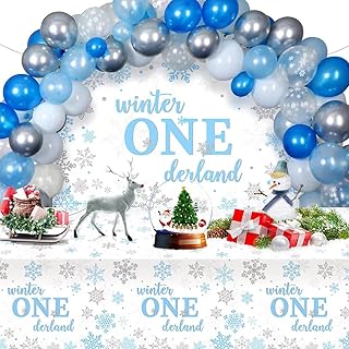 Winter Onederland Birthday Party Decorations, Boys 1st Birthday Party Banner Backdrop Tablecloth Blue Silver Snowflake Balloons Arch Kit for Winter Wonderland Snowflake Baby 1st Birthday Party Supplies