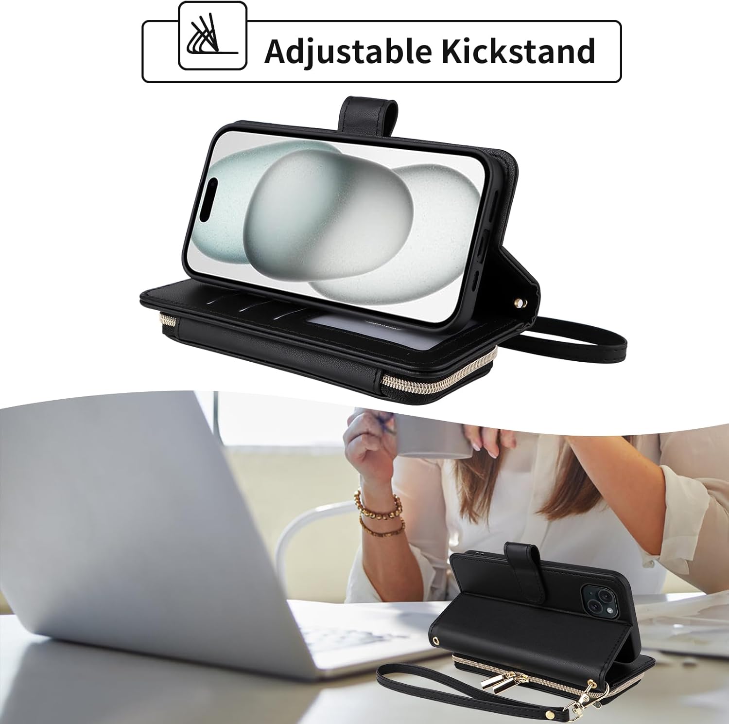 Wallet Case for iPhone 14 Plus 6.7 inch with Wrist Strap, Shoulder Strap, 9+ Card Slots Leather Stand Cell Phone Cover for i-Phone 14+ iPhone14Plus 5G i i14 + iPhone14 14Plus Women Black - Image 3