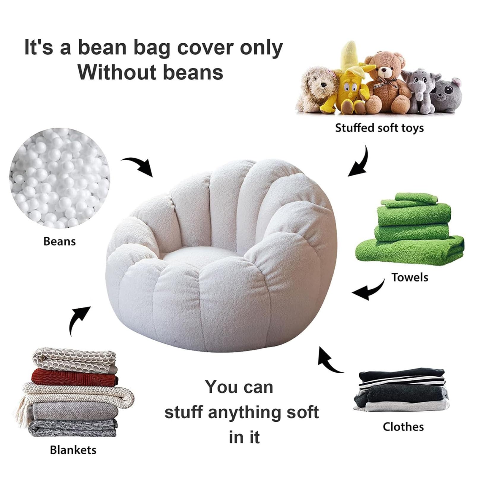 Lazy Lounger Sitzsack Stuhlbezug, Sessel aus ultraweichem Teddy-Stoff (ohne Füllstoff) Kürbis-Optik, Soft and Comfortable, Optimal Support for The Back 85 x 65 cm,Weiß