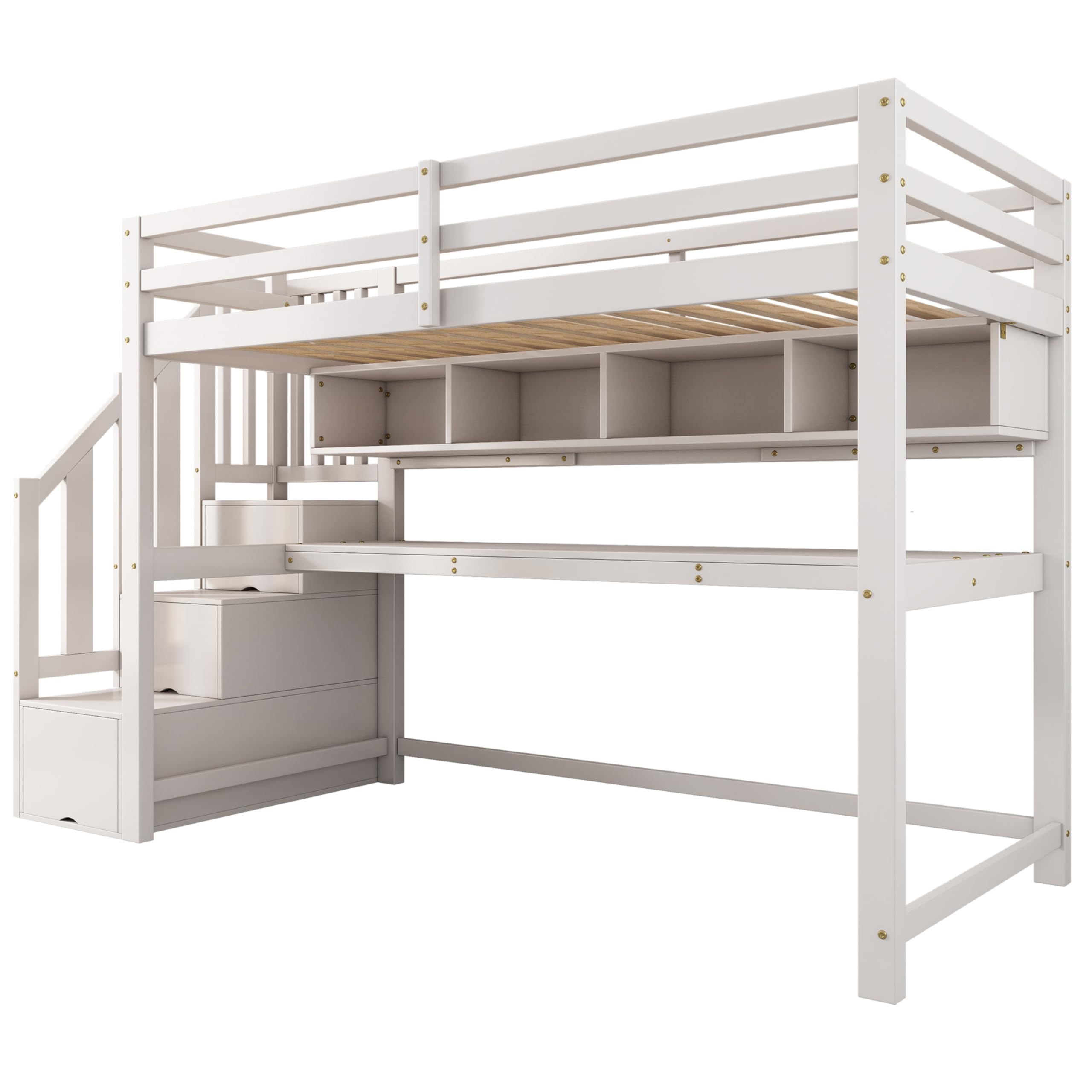 Sapgaks Lit superposé Enfant 90 x 200 avec Bureau et étagères,lit cabane Enfants 90 x 200,lit Mezzanine 1 Places avec Barriere,avec escalier de Rangement,Blanc