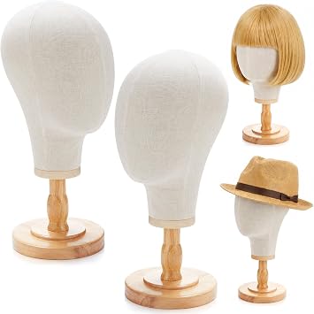 RattanView 2 Pcs 23 Inch Mannequin Wig Head, Linen Wig Head Stand with Wooden Base, Canvas Wigs Display Stand for Hats Caps Headdress, Ideal for Home Boutique Photography Cosplay Hair SalonBeige