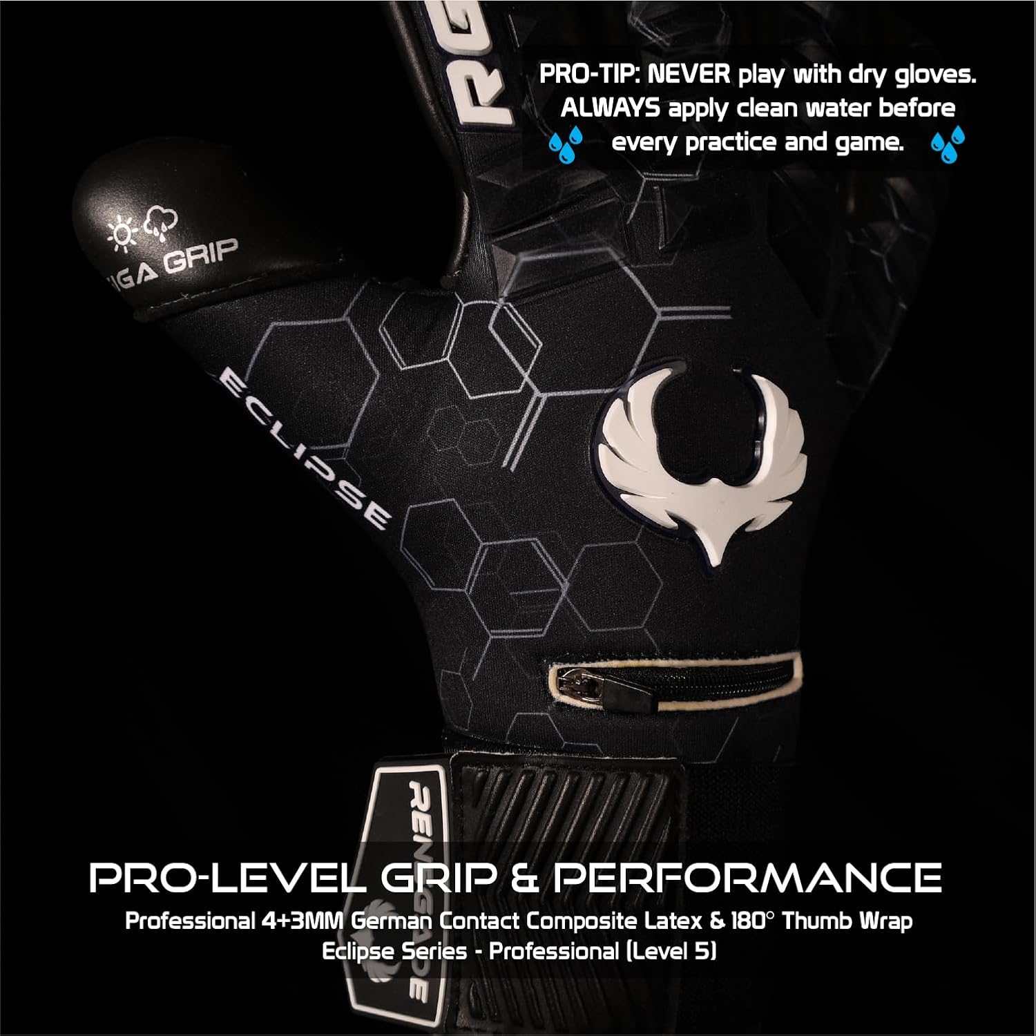 Renegade GK Eclipse Pro Soccer Goalie Gloves (No Fingersaves) - Adult & Youth (Sizes 7-12, Level 5) 4+3MM EXT Contact Grip | Max Grip & Comfort | Goalkeeper Gloves for Elite Play | Based in USA