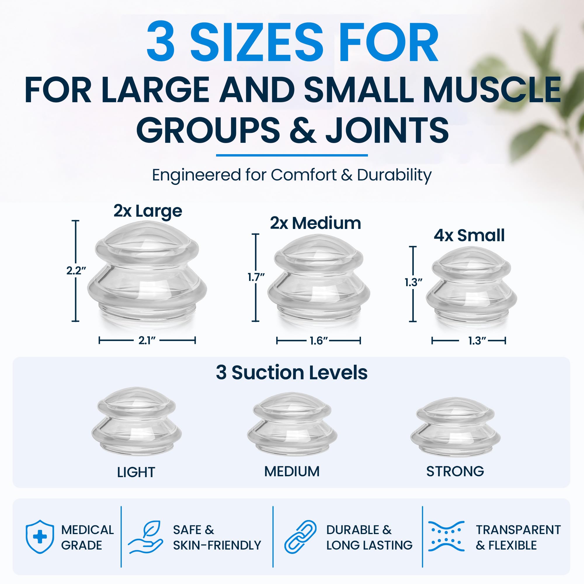 Set di 8 ventose per massaggi professionali in silicone per massaggio, rilassamento miofasciale, riduzione della cellulite (trasparente esca)