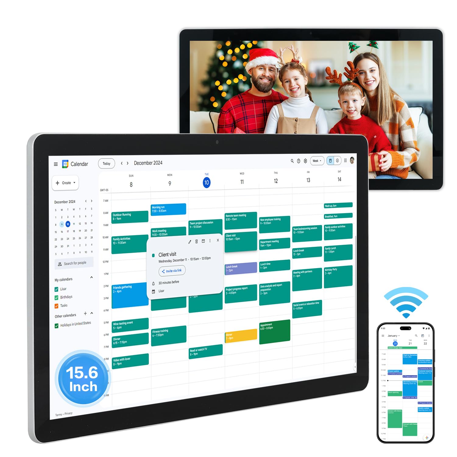 Calendario digital de pantalla táctil de 15.6 pulgadas y planificadores de pared, calendario inteligente de pizarra blanca para tabla de tareas y horario de trabajo, altavoces y cámara