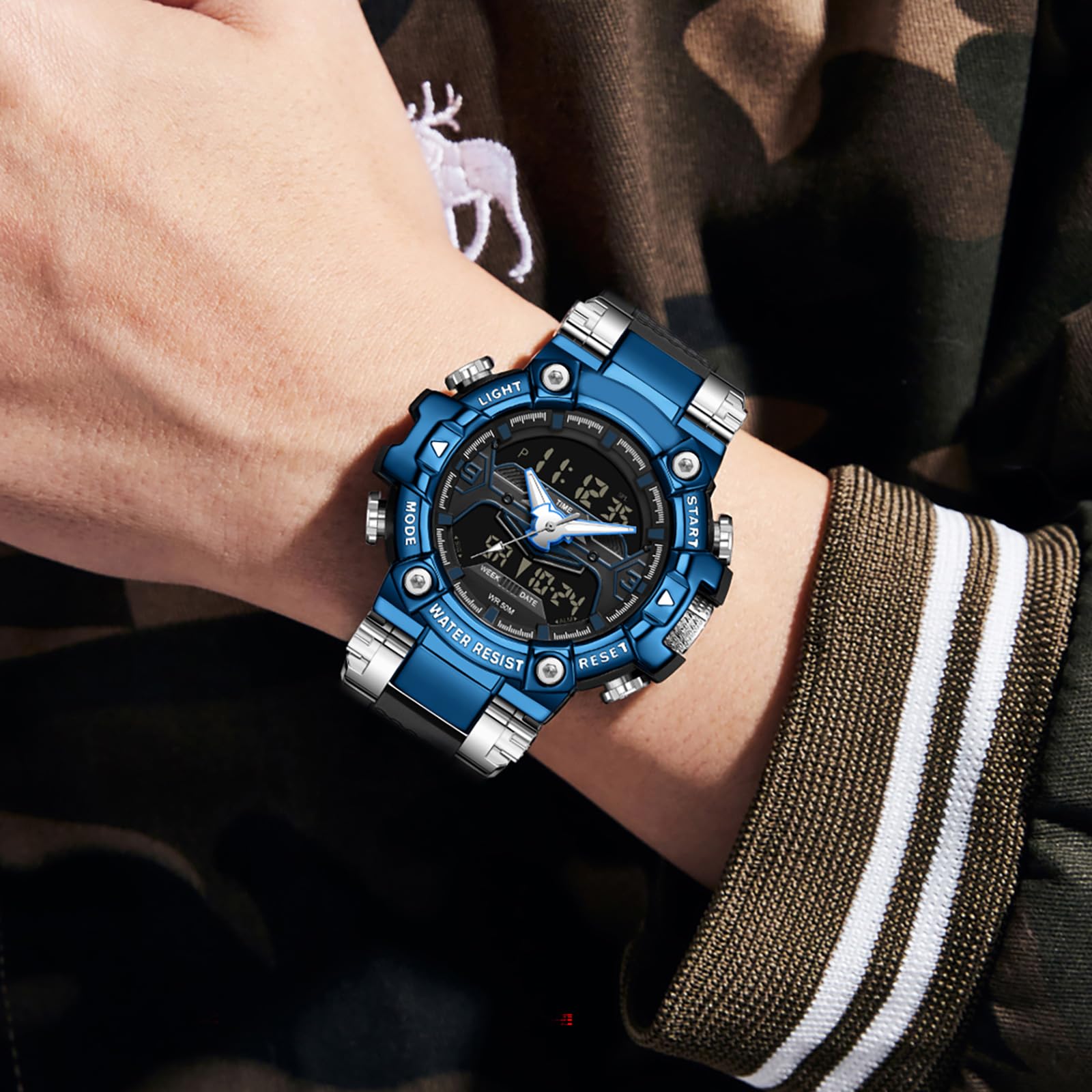 findtime Reloj militar analógico digital para hombre con cronómetro, reloj despertador 12/24H, reloj táctico, gran reloj deportivo para hombres y niños, 5 ATM, resistente al agua, para exteriores