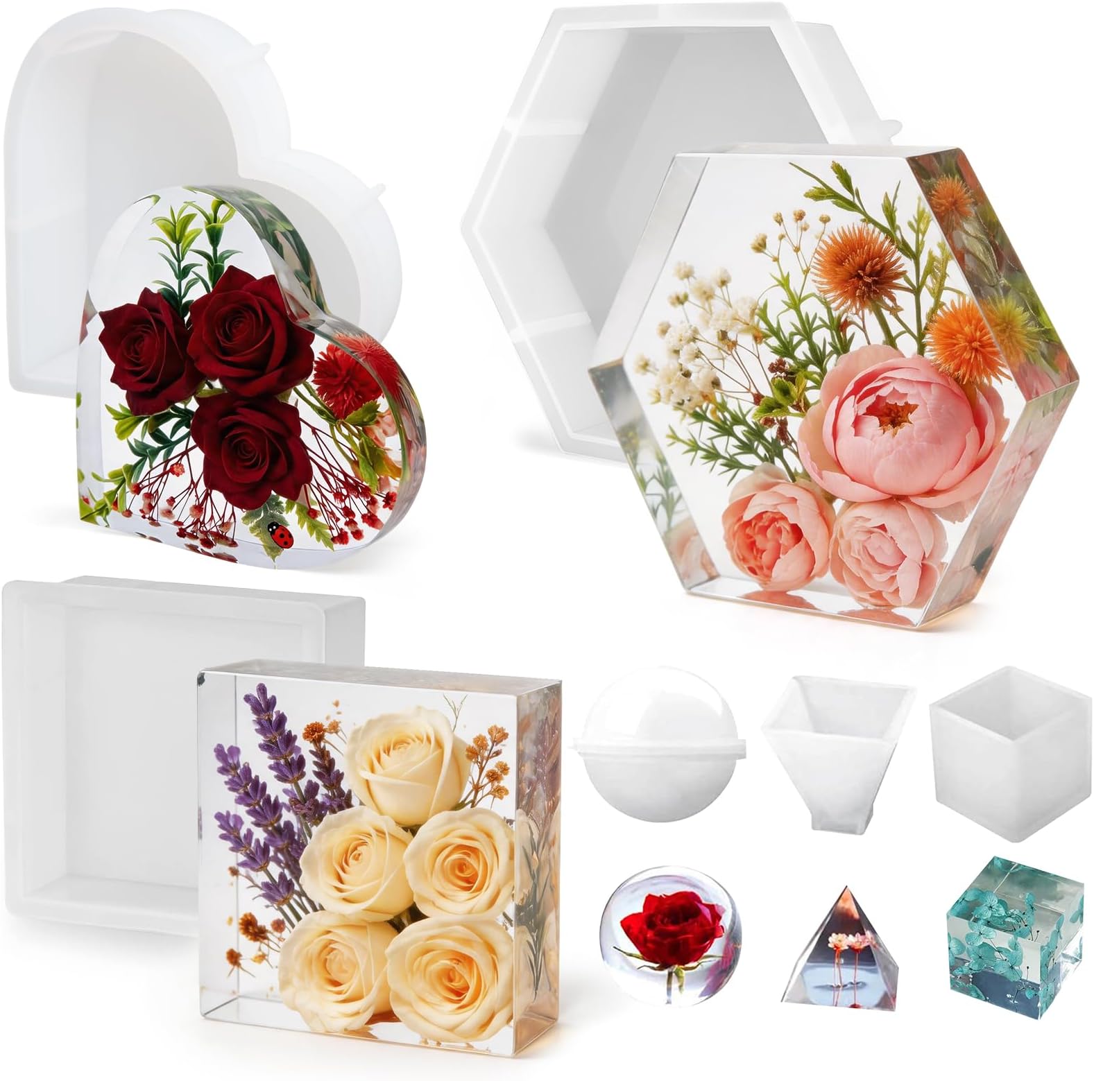 YOILES 3 PCS Large Resin Molds Silicone Kit, Including Deep Hexagon, Heart, Square Epoxy Resin Casting Mold for Flower Preservation Bookends DIY Art