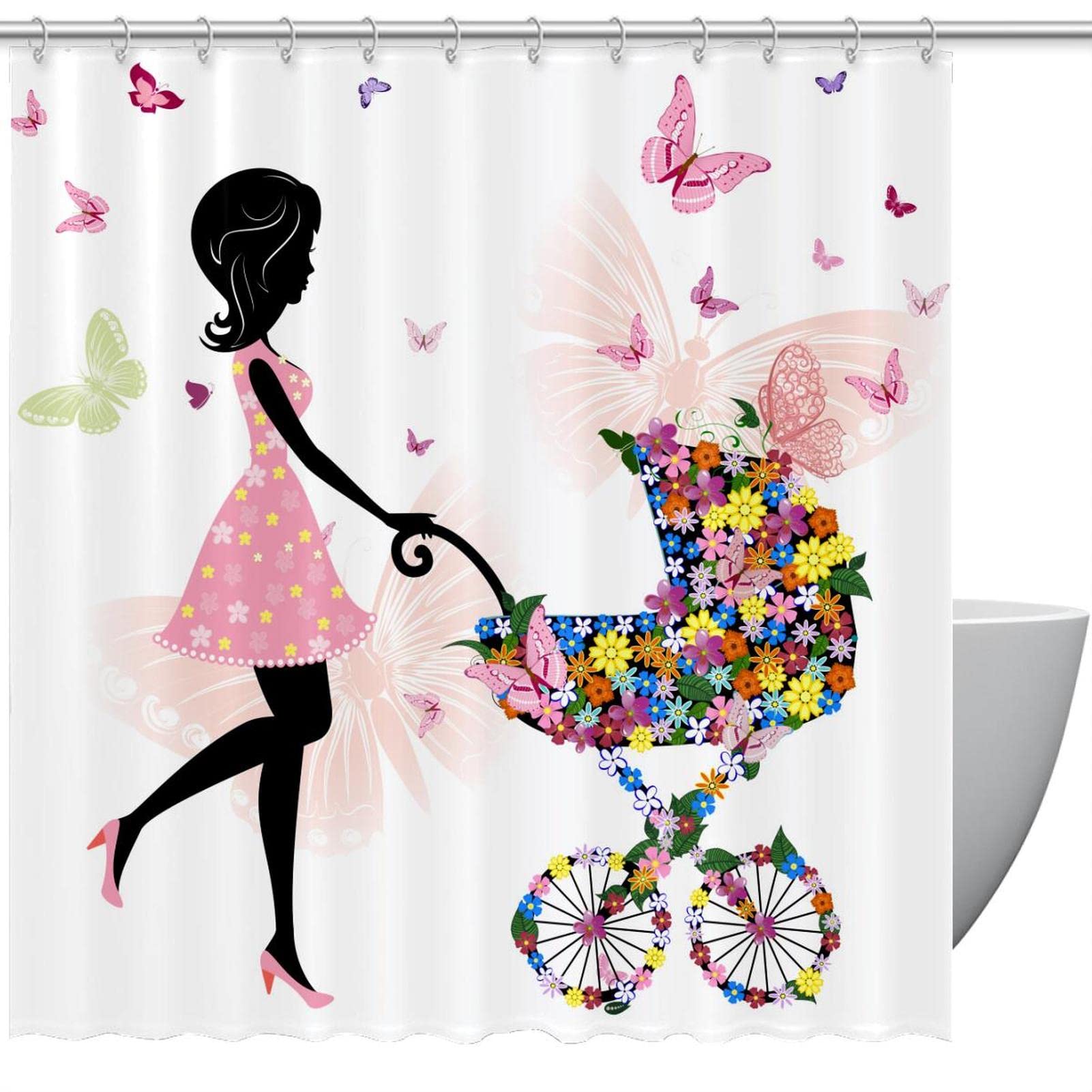 Rideau de douche floral rose 160x180 cm Young Mom avec 12 crochets pour salle de bain