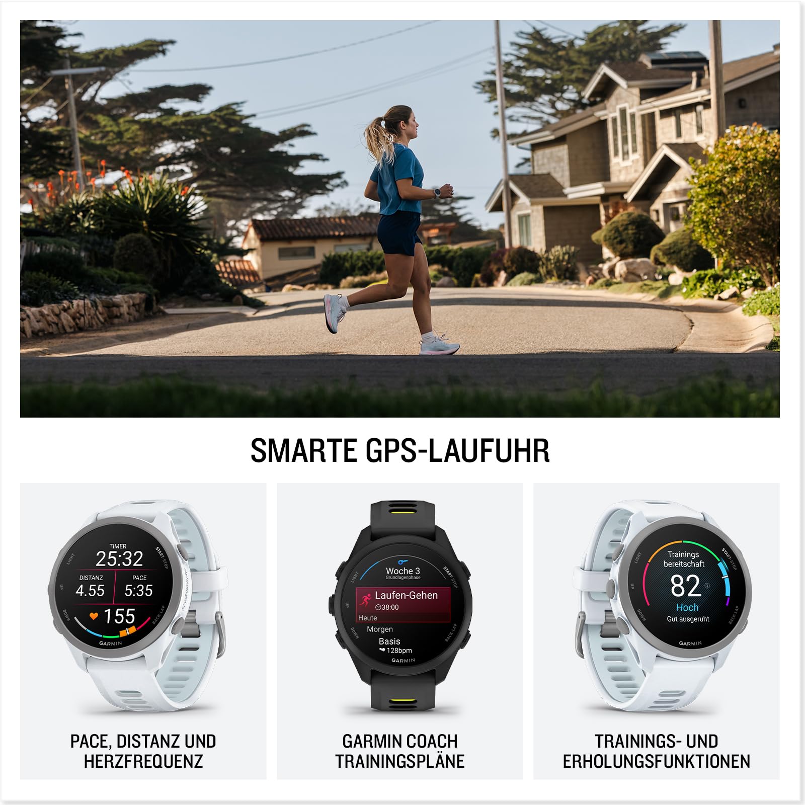 Garmin Forerunner 170 43mm - Lauf-Smartwatch, 1,2" AMOLED Touchscreen, bis zu 10 Tage Akkulaufzeit, Trainingsempfehlungen, Gesundheitsdaten, smarte Funktionen, 80+ Sport-Apps, Pay