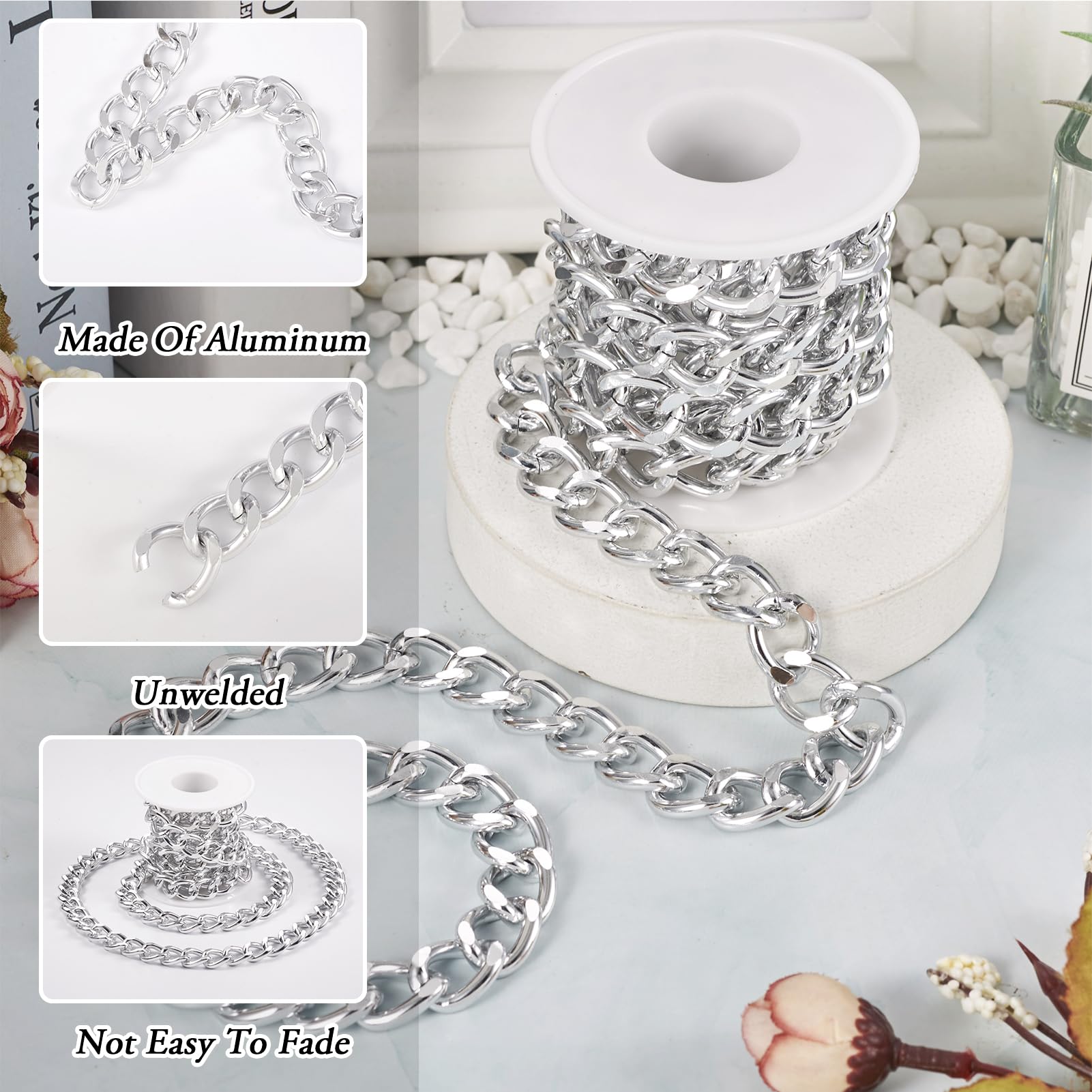 Spritewelry 2M Aluminium Curb Chain Faceted Unwelded Twisted Chain Links Silver Plated Metal Craft Chain for DIY Necklace Bracelet Jewelry Making 17x13x3mm - Image 3