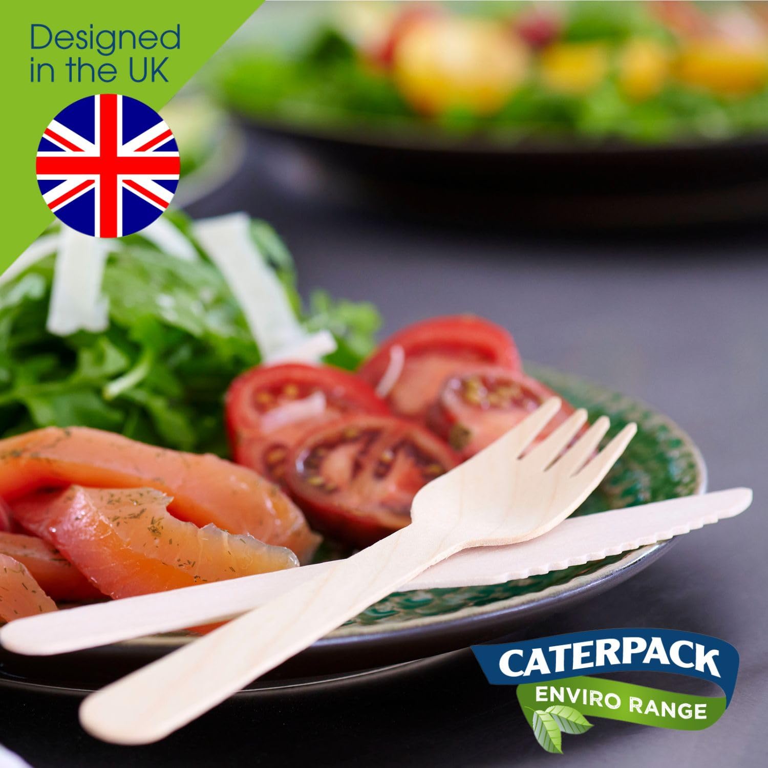 Caterpack Enviro Range Set di posate confezionate, realizzate in legno di betulla di provenienza sostenibile, compostabili e biodegradabili, ogni set contiene coltello, forchetta e tovagliolo