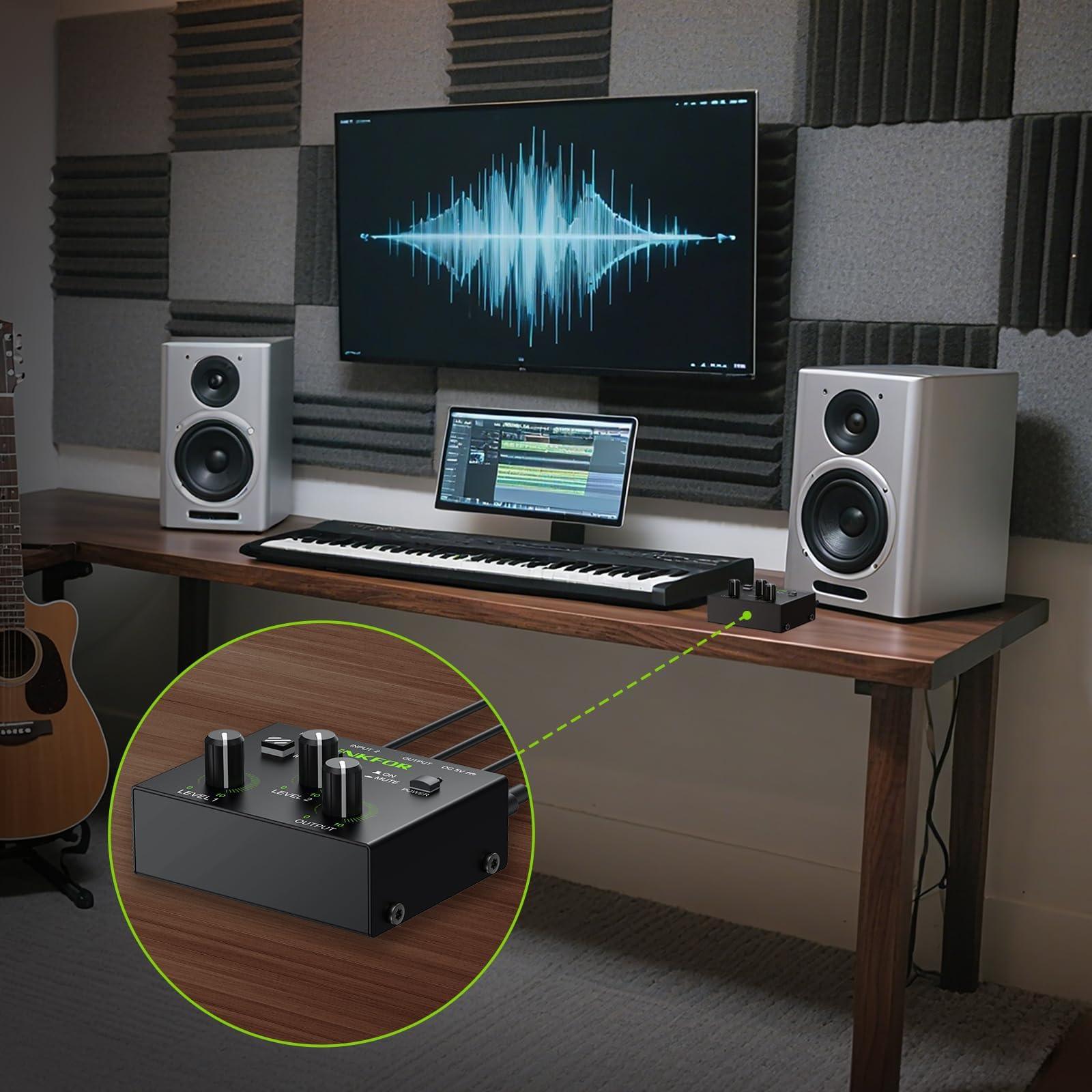 LiNKFOR 2-kanaals actieve audio-mixer, 2 ingangen, 1 stereo cinch