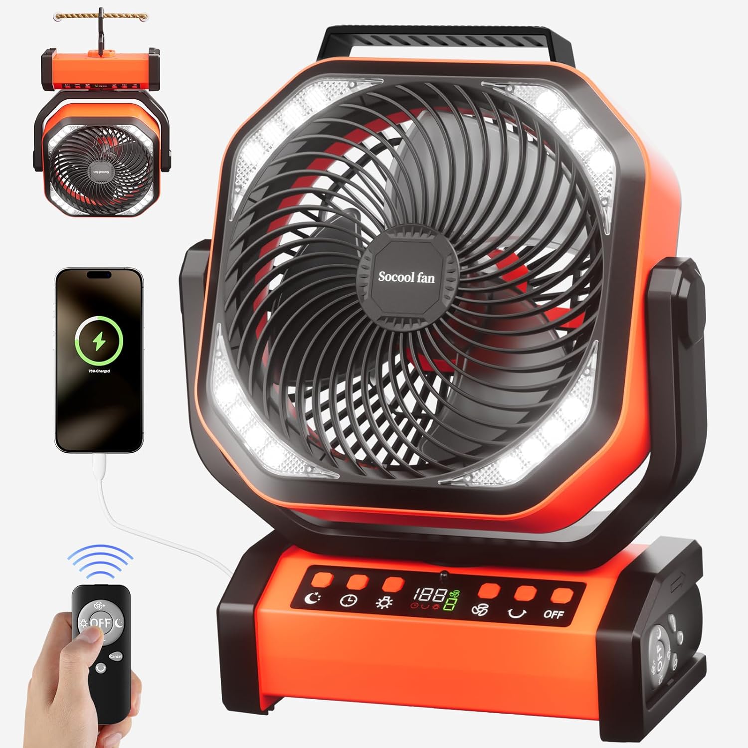 Socool Camping Fan with Light – 20000mAh Rechargeable Battery Fan with Remote, 112Hrs & 8 Speeds, Digital Display, Timer, Auto Oscillation, 270° Pivot & Hook for Outdoor Tent, Hurricane, Power Outage