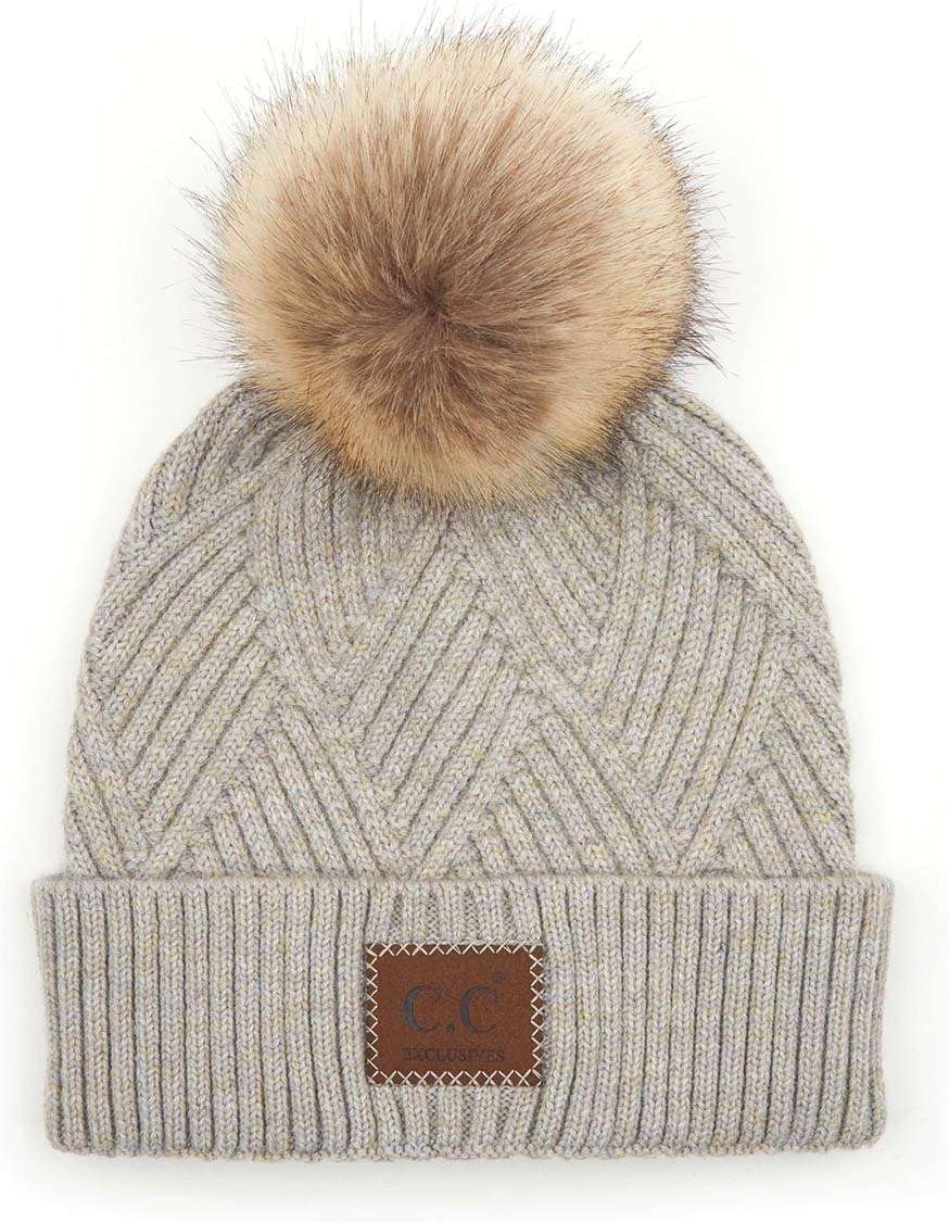 C.C Diagonal Criss Cross Pattern Suede Patch Snuggly Soft Pom Cuff Beanie