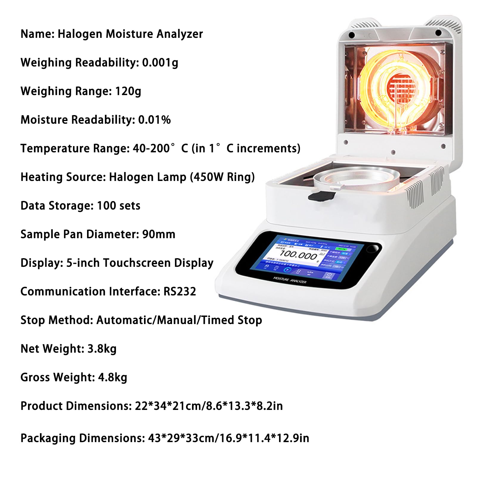 Analyseur d'humidité, précision 0,001 g, écran tactile de 5 pouces, 40-200 °C, pour plantes alimentaires, matériaux de construction