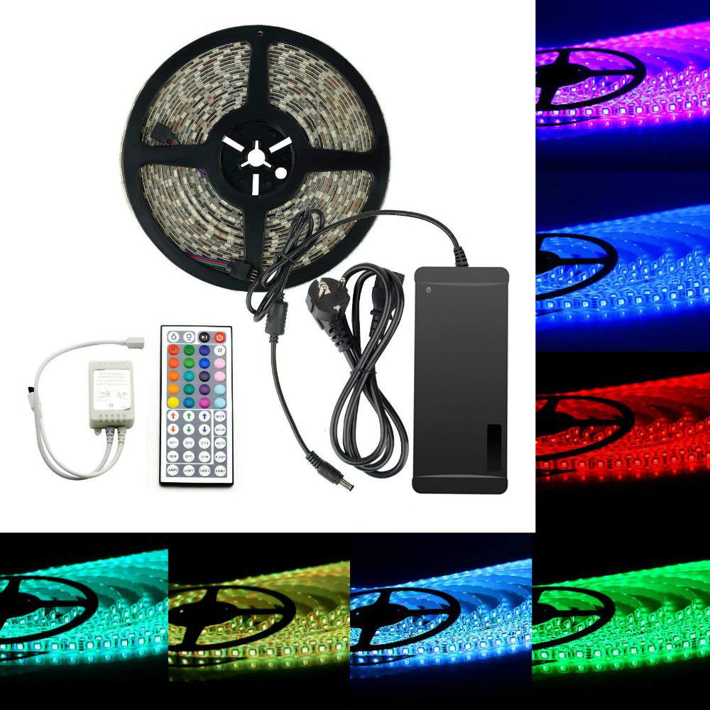 RGB LED Stripes 5050 SMD 10M/32.8ft RGB 600 LED Streifen Kit 60Leds/M Led Strip Licht Lichtband Lichtstreifen Set IP65 Wasserdicht mit 44 Tasten Fernbedienung + EU Plug DC 24V/5A Netzteil
