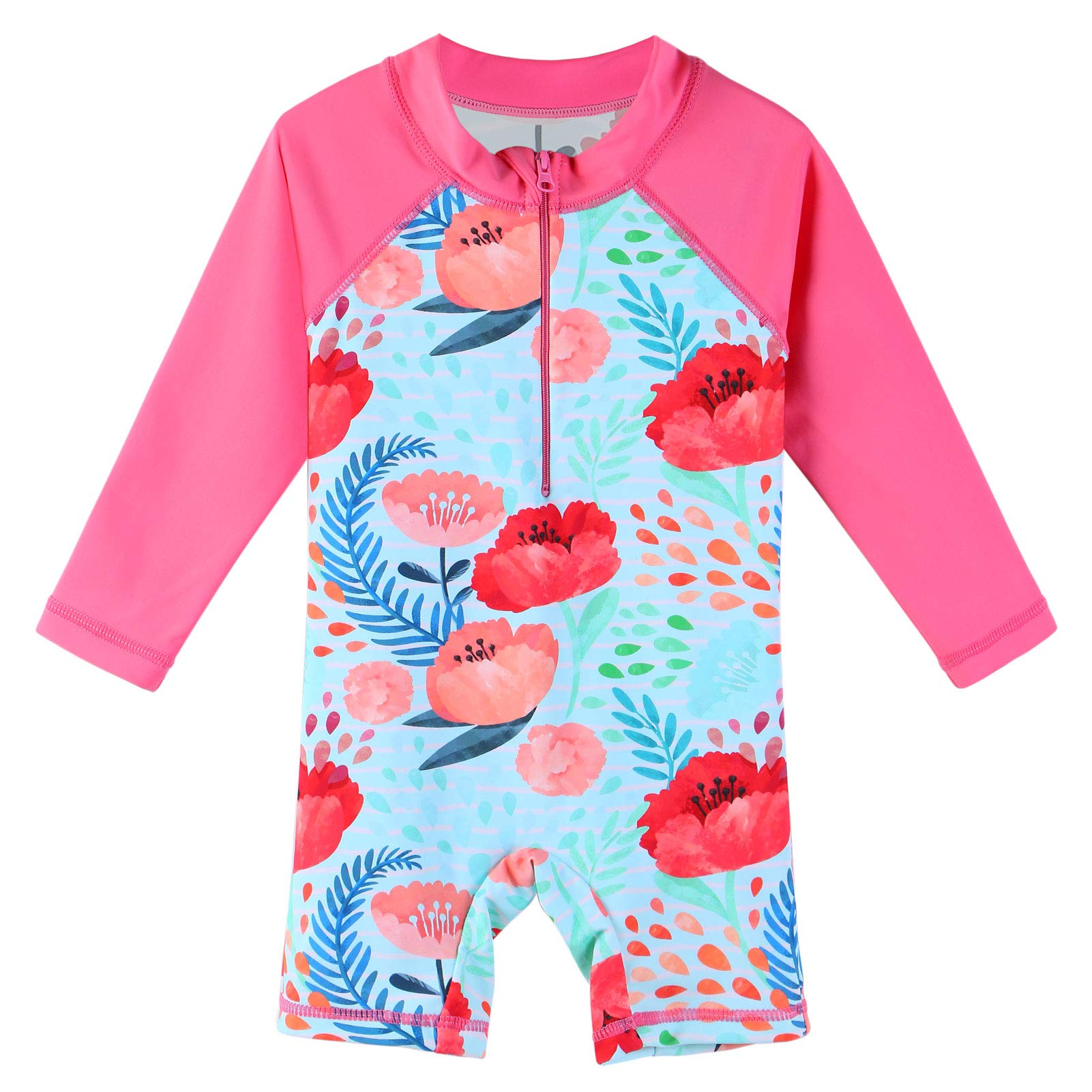 XFGIRLS Girls One Piece Zip Sunsuit UPF 50+ Sun Protection Quick-Dry Swimsuit Cyan Flower, 3-4T