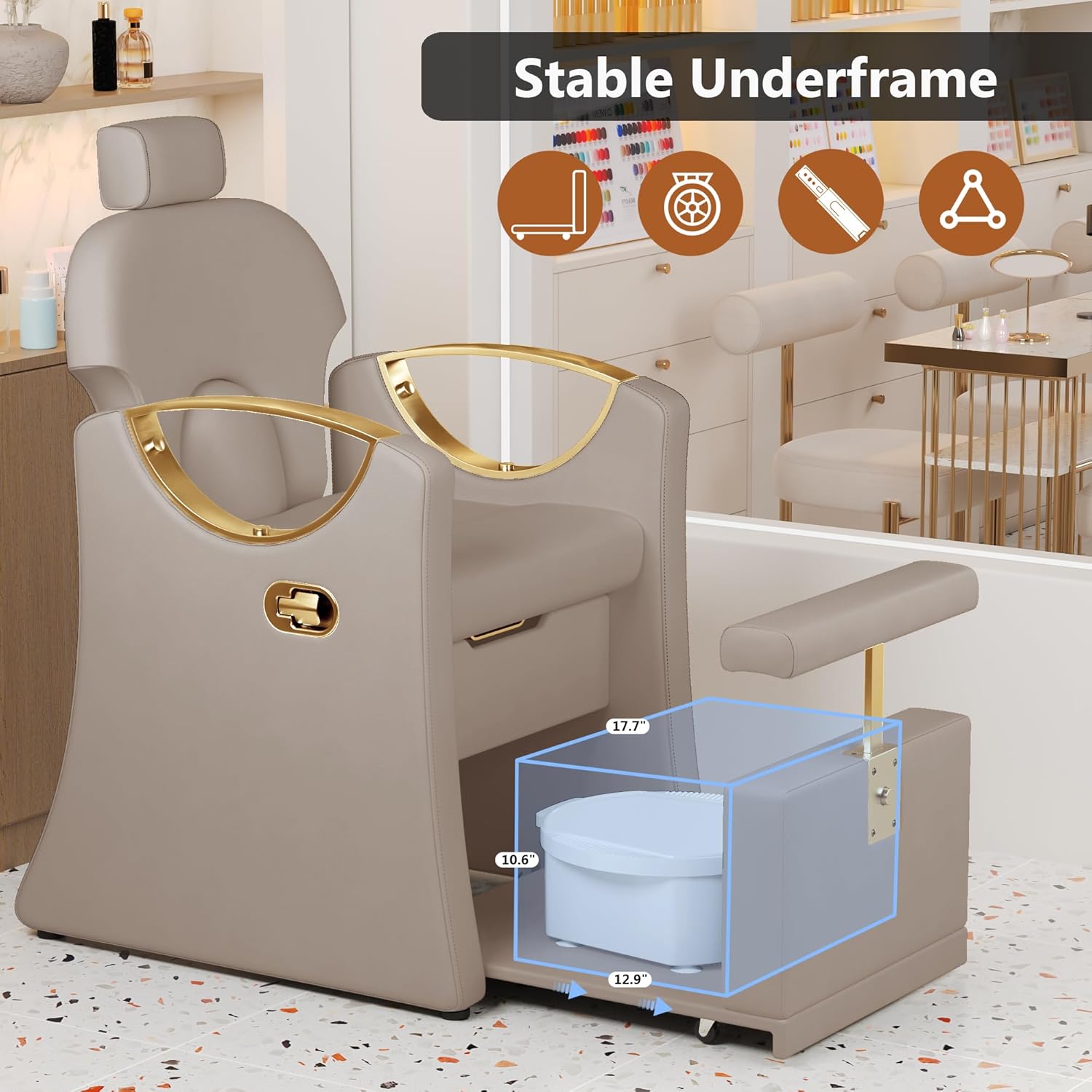 Pedicure Chair No Plumbing, Reclining Pedicure Station for Nail Tech,Pedi Station with Hidden Storage Platform & Headrest for Professional Nail Tech Supplies Spa Salon (Grey & Gold)