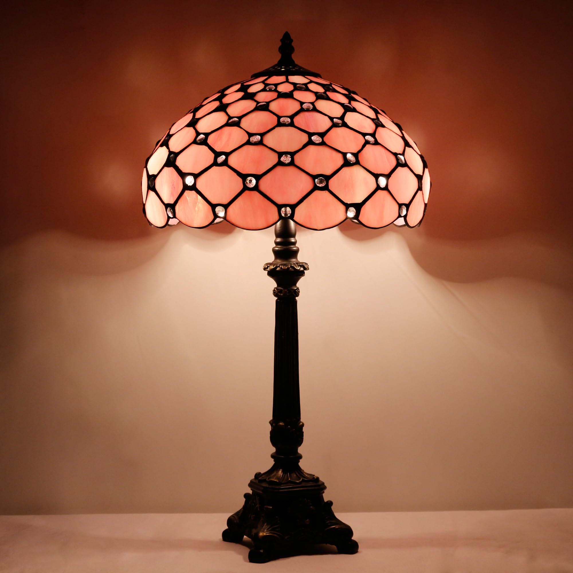 ZJART Tiffany Lamp Stained Glass 12X12X21 Inches Table Lamp Pink Bead